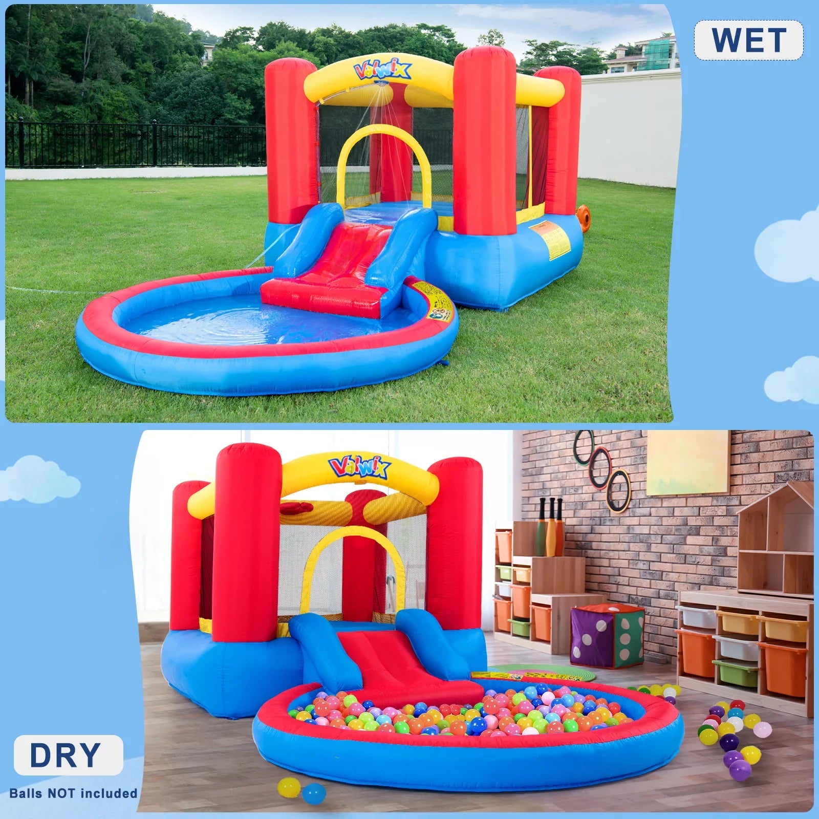 Valwix Inflatable Bounce House with Blower for Kids 3-5 years , Bouncy Castle Liquid & Pool for Wet Dry Combo, Bouncer with Repair Kits, Fun Bounce Area with Basketball Hoop