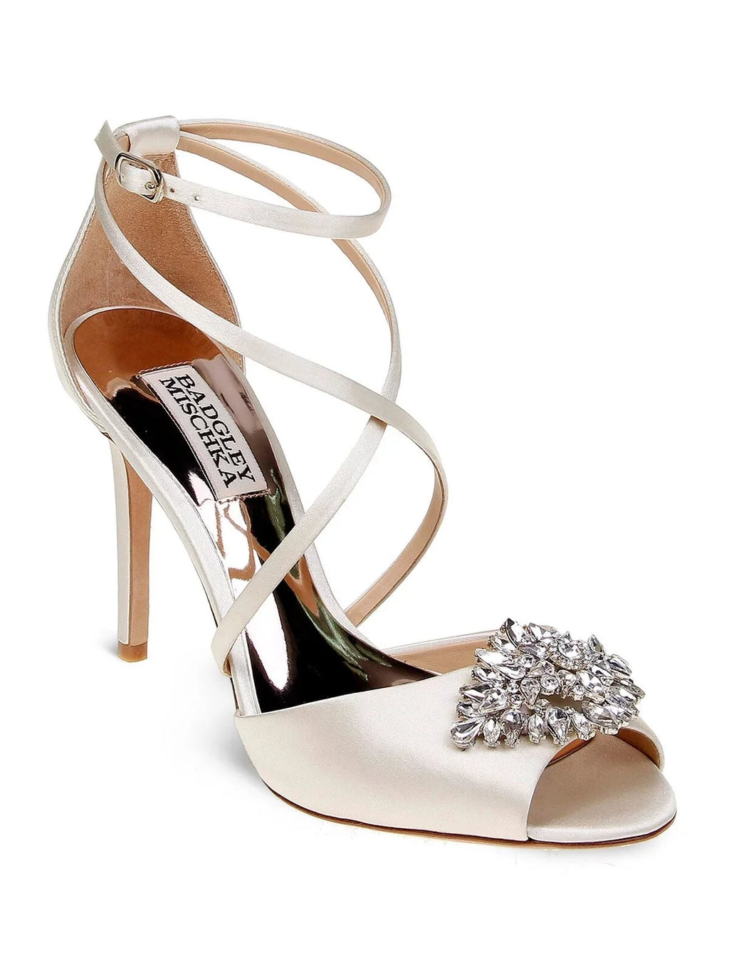 BADGLEY MISCHKA Womens Ivory Satin Beige Cushioned Footbed Dustbag Embellished Ankle Strap Tatum Open Toe Stiletto Buckle Dress Heeled Gladiator Sandal 10