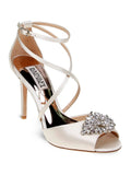 BADGLEY MISCHKA Womens Ivory Satin Beige Cushioned Footbed Dustbag Embellished Ankle Strap Tatum Open Toe Stiletto Buckle Dress Heeled Gladiator Sandal 10