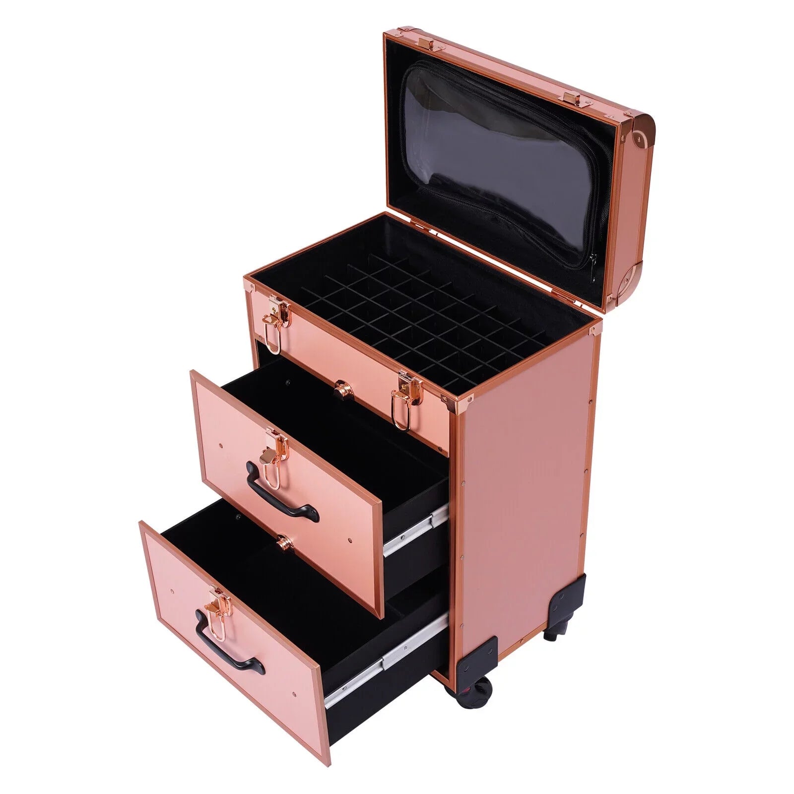 Rolling Makeup Case Aluminum Salon Cosmetic Train Trolley 4 Wheeled Organizer