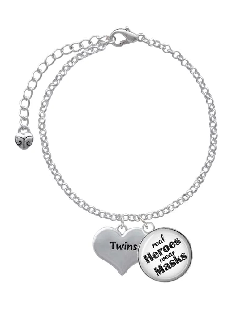 Delight Jewelry Twins Heart with Two Pair of Baby Feet Dome Real Heroes Wear Masks Charm Bracelet