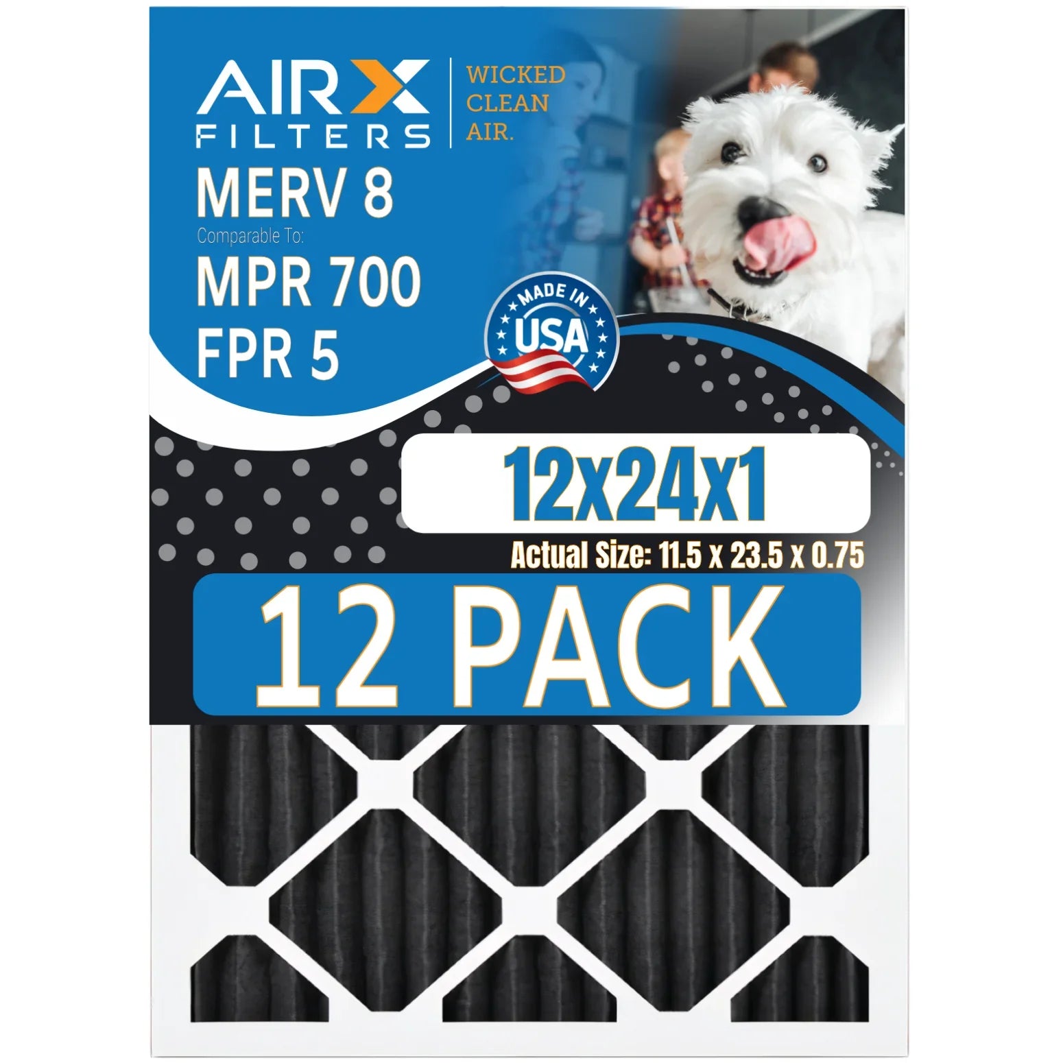 12x24x1 Air Filter MERV 8 Rating, 12 Pack of Furnace Filters Comparable to MPR 700, FPR 5, Pet Odor Retention Filters - Made in USA by AIRX FILTERS WICKED CLEAN AIR.