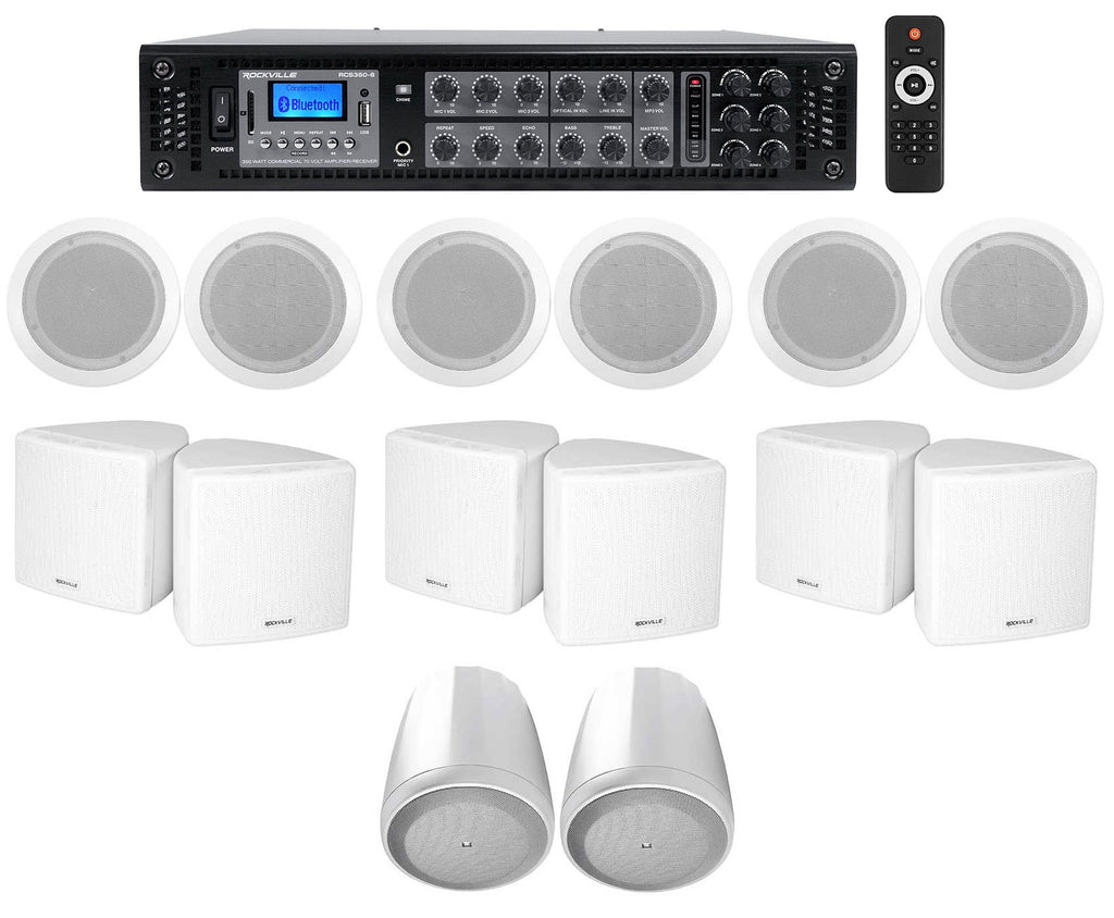 6-Zone Home Audio Receiver+(6) 3.5" White Cube+(2) JBL Pendant+Ceiling Speakers