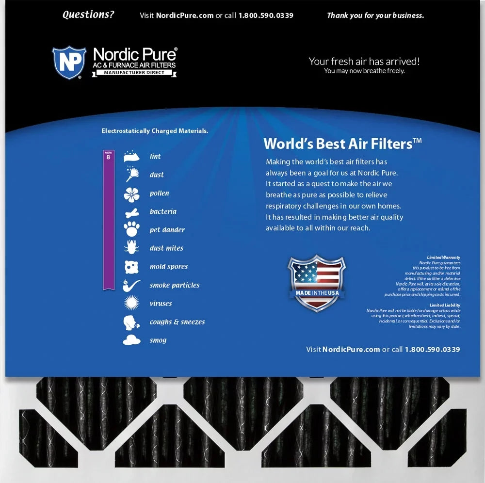 Nordic Pure 24x24x2 Furnace Air Filters MERV 8 Pleated Plus Carbon 3 Pack