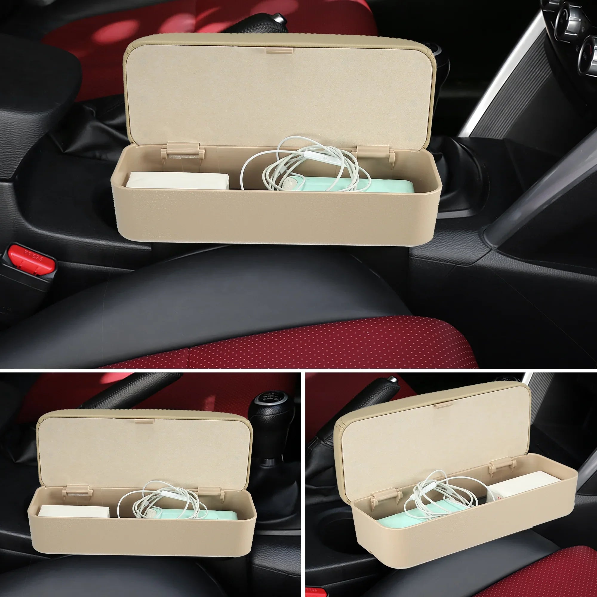 Car Center Armrest Extender Box Seat Gap Adjustable Armrest Storage Organizer Box Armrest Beige PU Leather