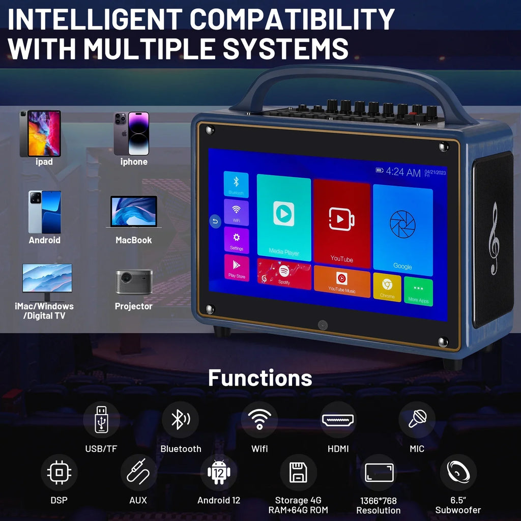 Portable Karaoke Machine Systems Wireless BT Streaming Loudspeaker for Adults&Kid,14”HD Touch Monitor 12/4+64G,Support Microphone/WiFi/USB/SD/PC/TV/Phones/HDMI