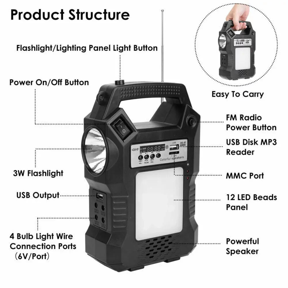 MDHAND Portable Solar Powered Station, Rechargeable Solar Generator, Dual Way To Charge, Solar Panel Power Bank with 3 LED Bulbs Flashlight for Hiking Camping Emergency