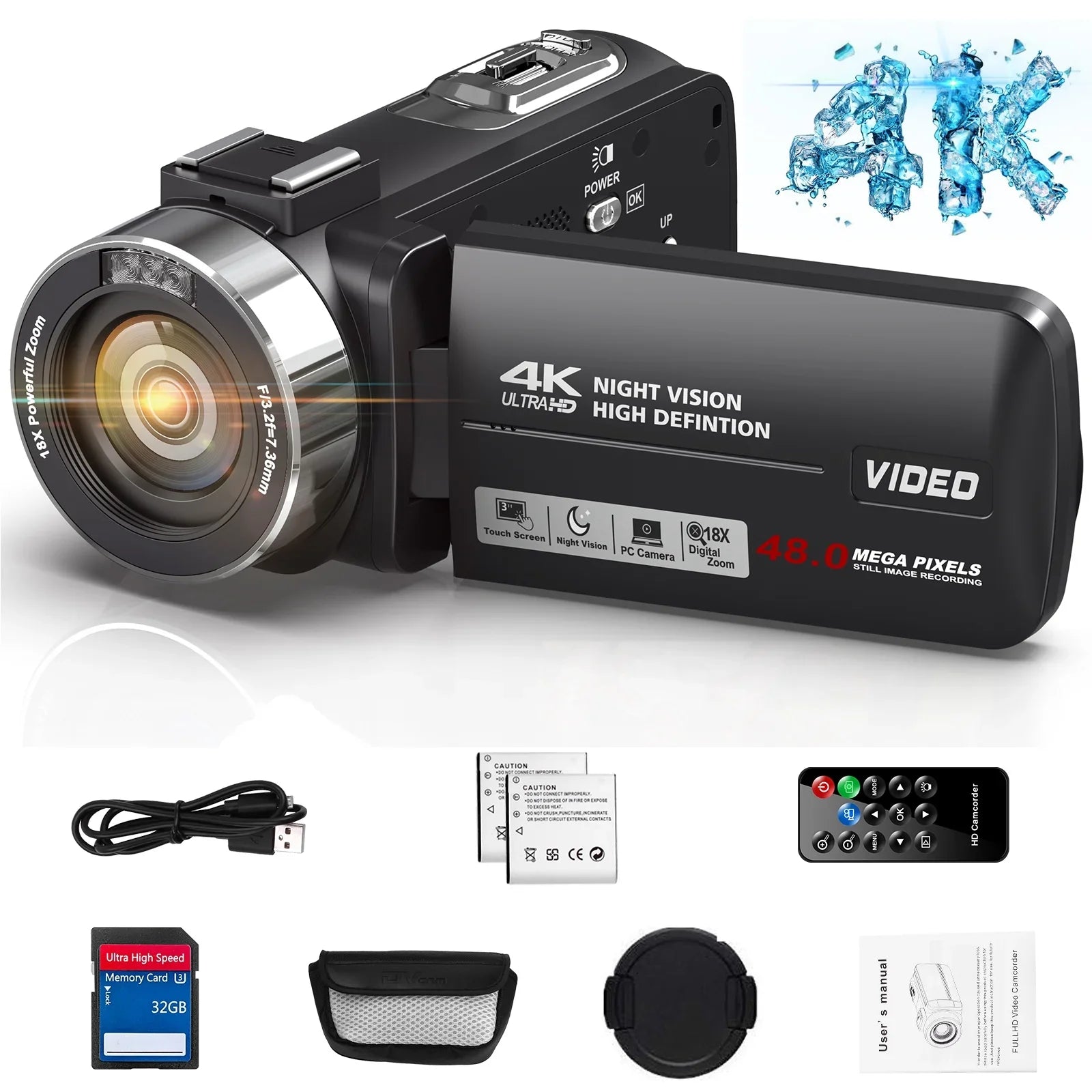 MARVUE Video Camera 4K Camera 48MP 30FPS Camcorder 18X Digital Zoom 3.0" LCD Touch Monitor Vlogging Camera for YouTube with IR Night Vision
