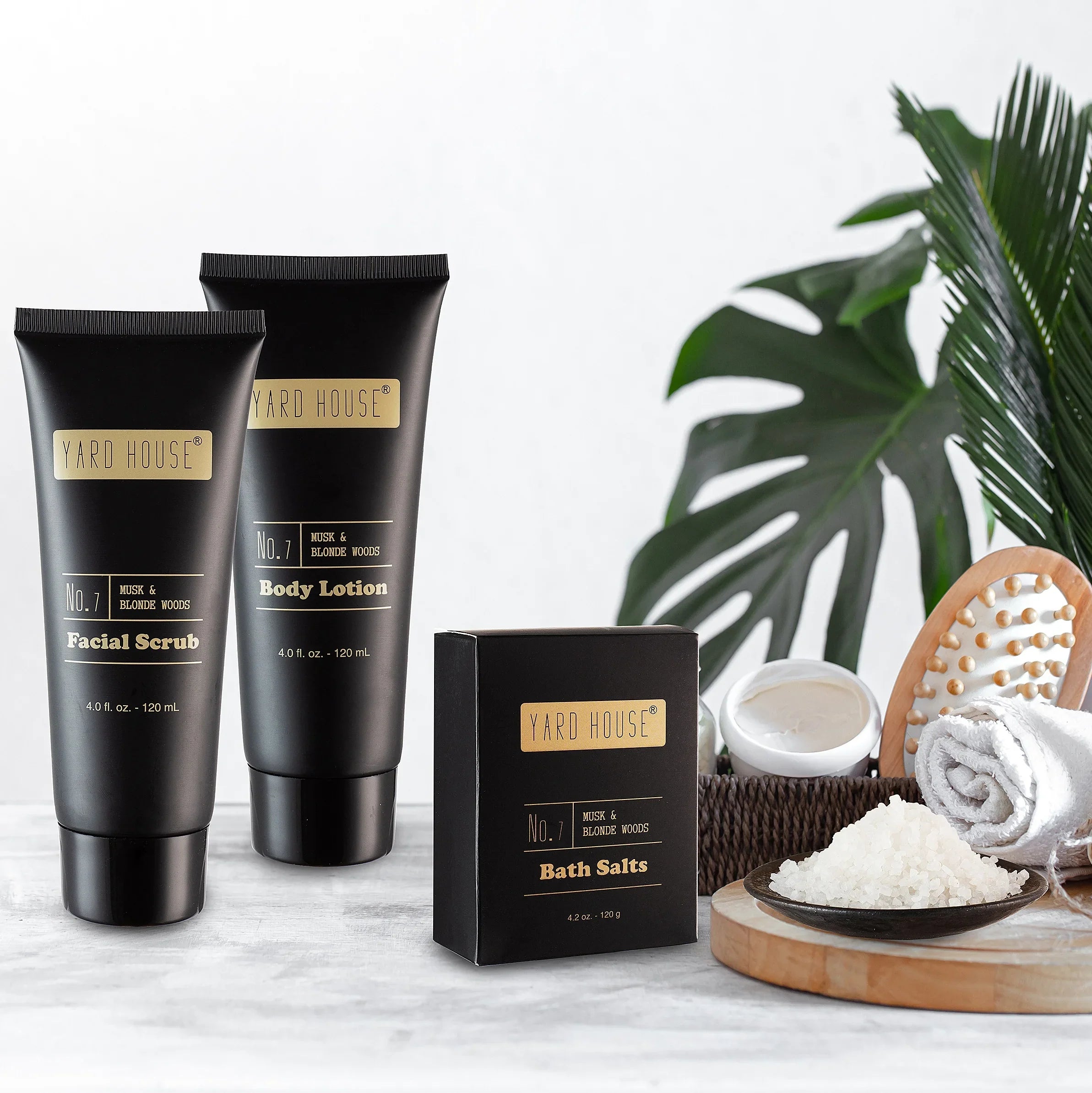 Yard House Mens Bath and Body Gift Set - Musk and Blonde Woods Scented Luxury Spa Gifts Basket for Him in Toiletry Bag-Full Size Bubble Bath, Bath Salts, Body Wash, Facial Scrub, Lotion, Shower Puff