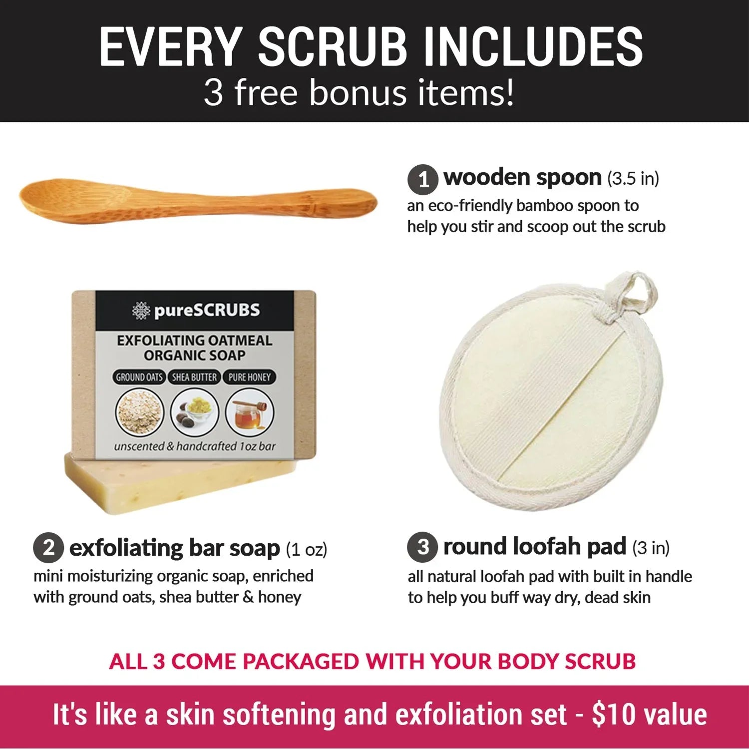 pureSCRUBS Premium Pink Himalayan Salt Body Scrub Set- Large 16oz CUCUMBER BODY SCRUB - Second-hand With Organic Essential Oils & Nutrients + FREE Wooden Spoon, Loofah & Mini Exfoliating Bar Soap