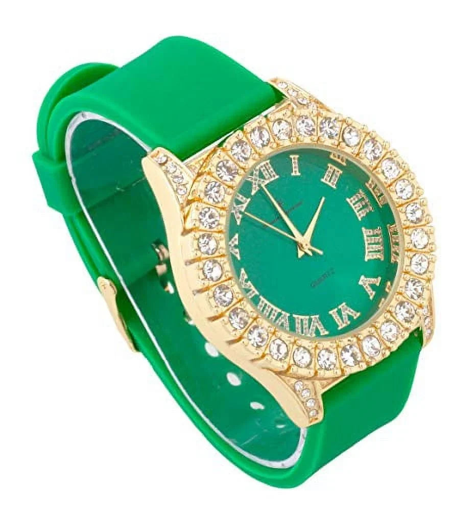 Mens Silver Big Rocks with Roman Numerals Fully Iced Out Colorful Dial Watch - ST10327 RN Single (ST10357 Gold Green)