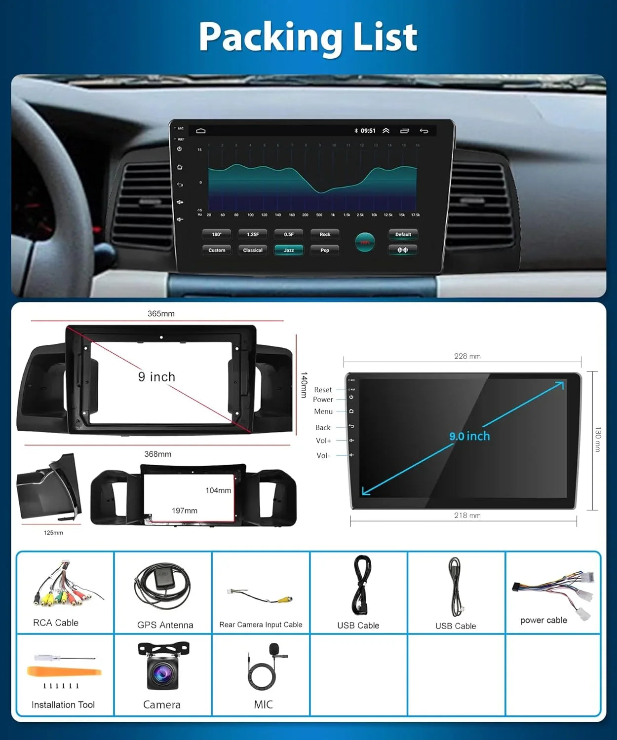THONZER 1G+32G Android 9 Inch Car Stereo for Toyota Corolla ex 2007-2012 with Wireless Carplay, Rimoody Touch Monitor Car Radio Bluetooth GPS WiFi FM Mirror Link RCA USB SWC + Backup Camera