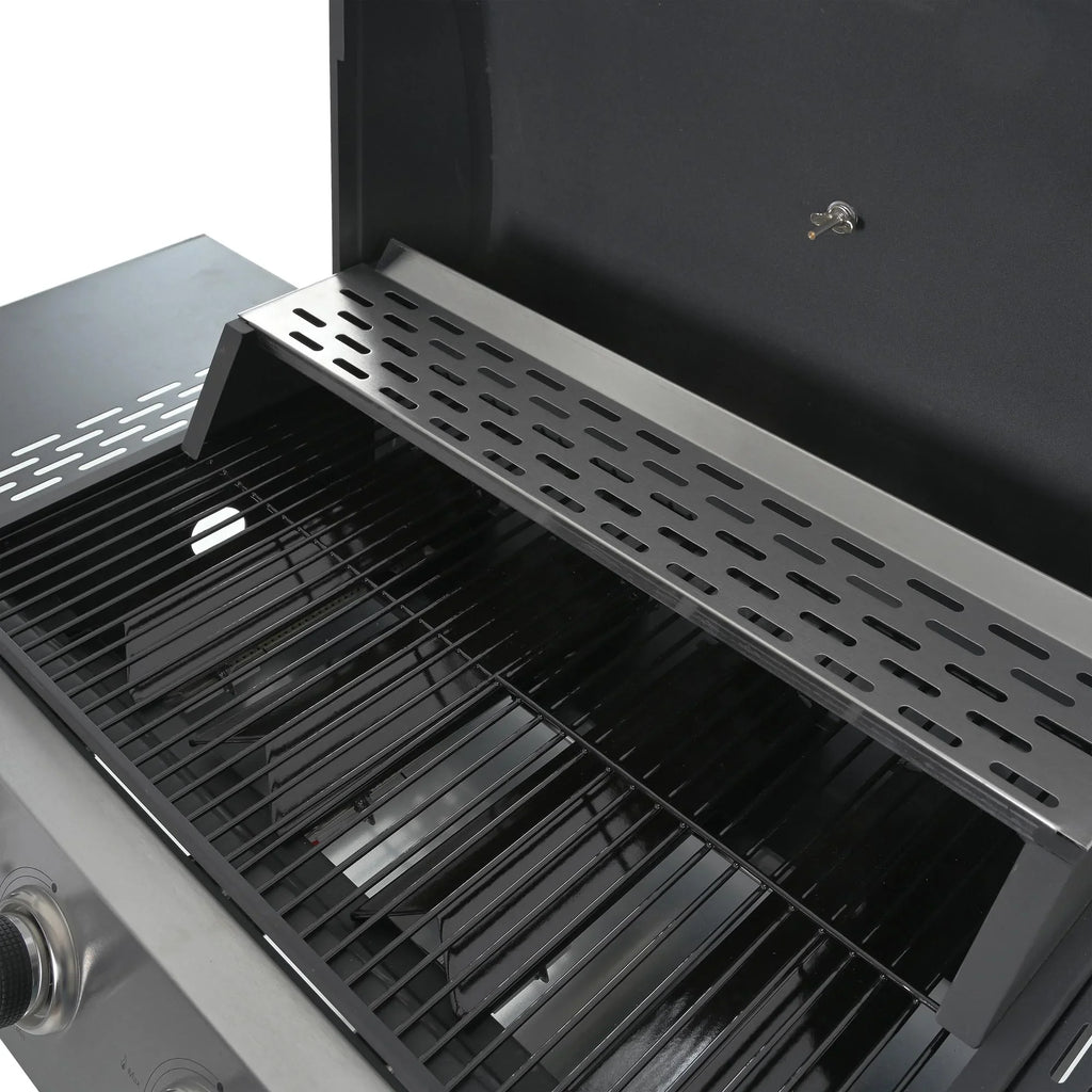 Stainless Steel BBQ Gas Grill 4-Burners Side Burner Thermometer Two Shelves Grilling Space Patio Garden Barbecue - Black