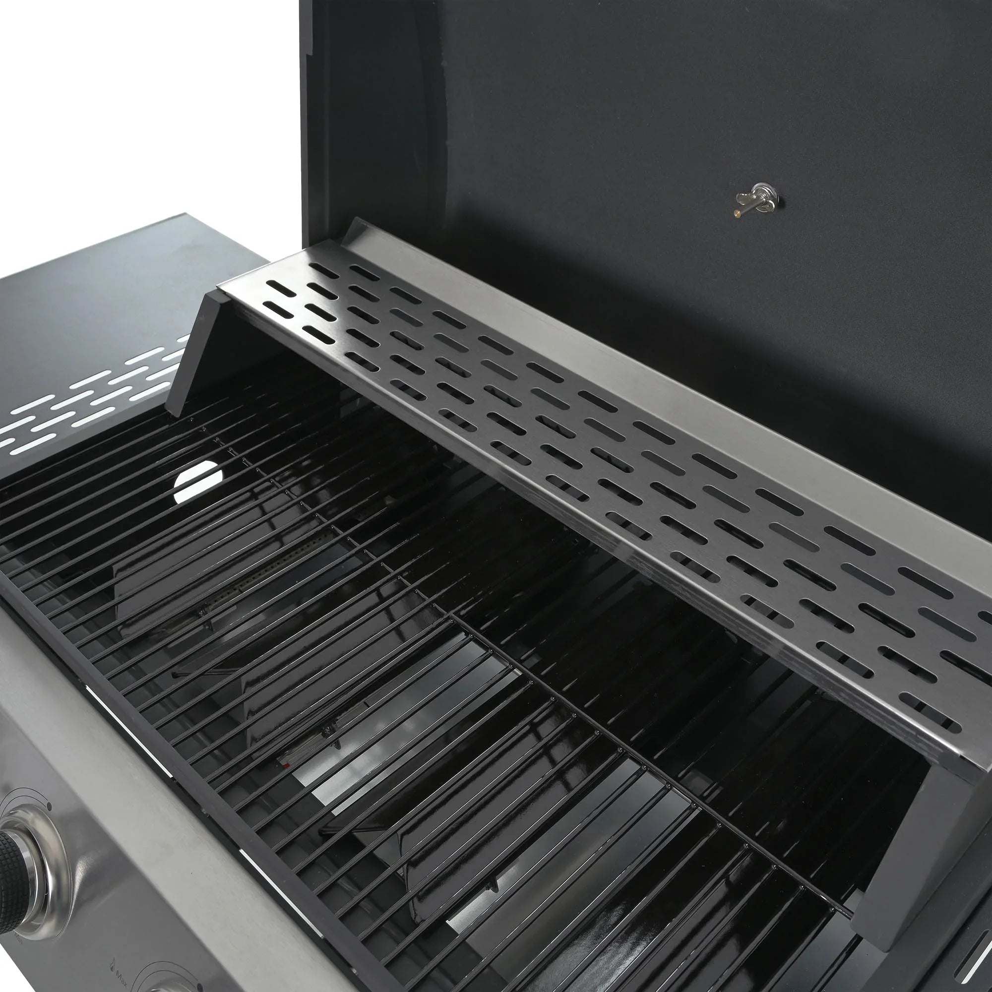 Stainless Steel BBQ Gas Grill 4-Burners Side Burner Thermometer Two Shelves Grilling Space Patio Garden Barbecue - Black