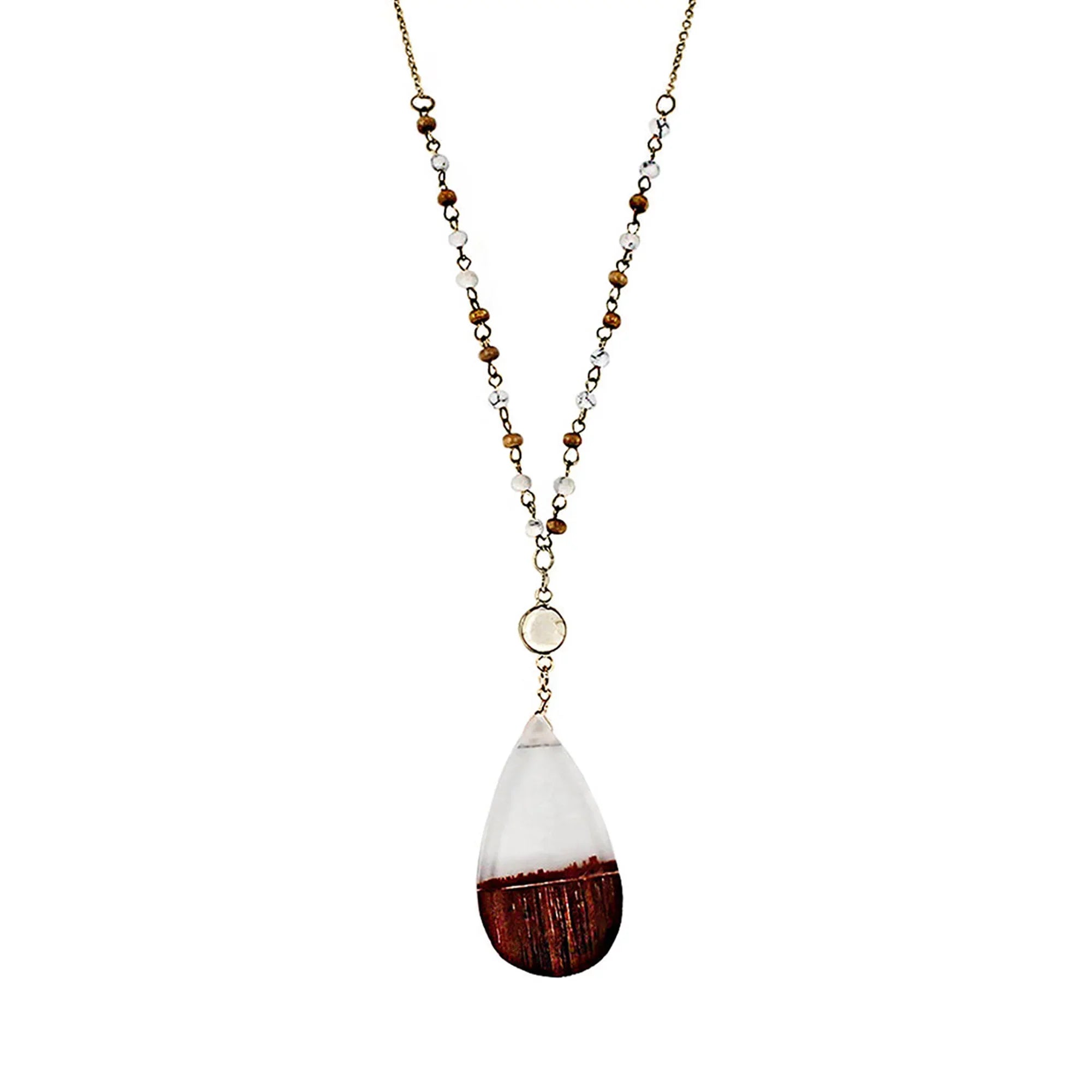 Blue Box Boutique Inc Clear Resin Wood Pendant Beaded Chain Necklace for Women, Tenes | Wood Anniversary Gift