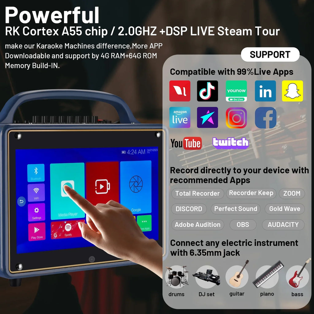 Portable Karaoke Machine Systems Wireless BT Streaming Loudspeaker for Adults&Kid,14”HD Touch Monitor 12/4+64G,Support Microphone/WiFi/USB/SD/PC/TV/Phones/HDMI