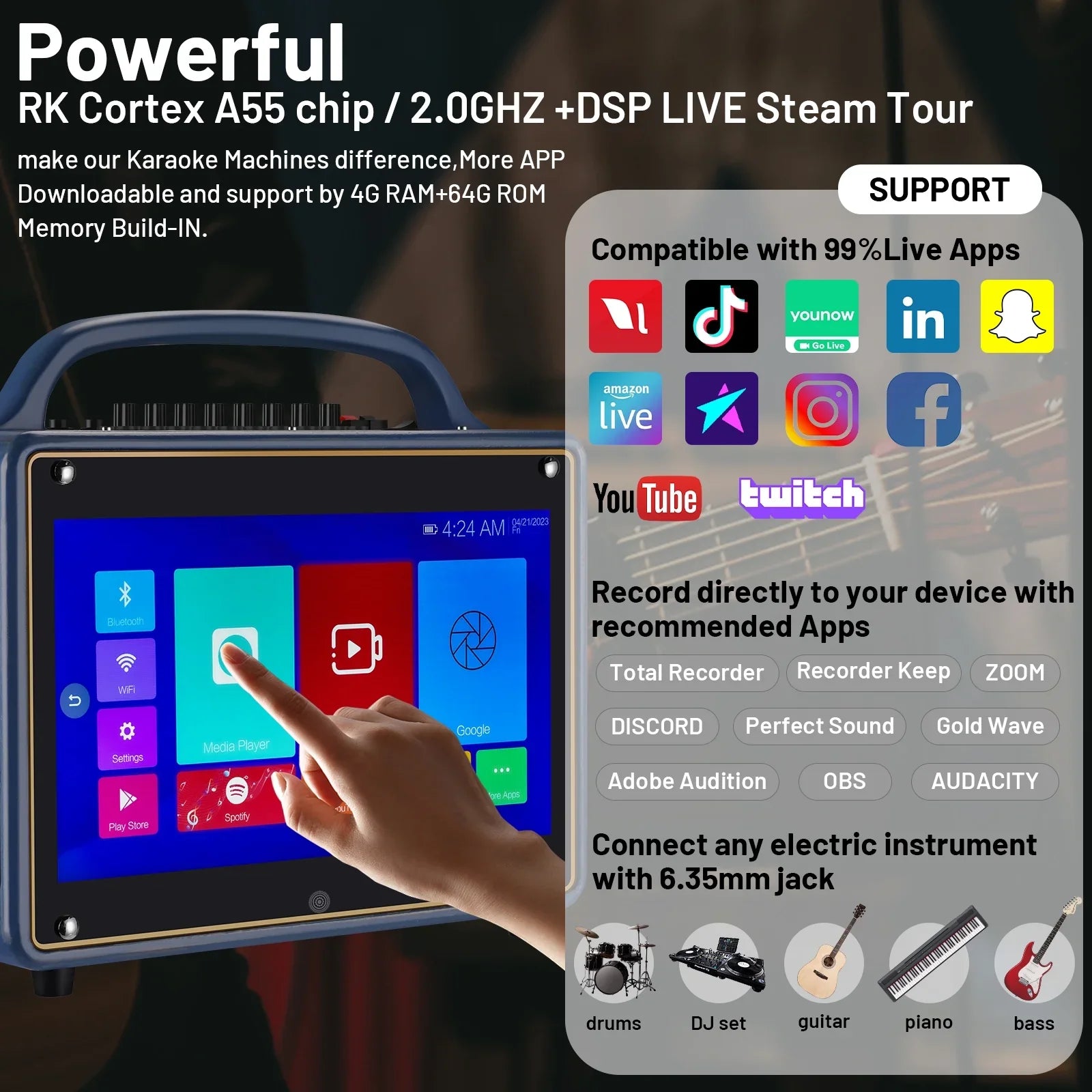 Portable Karaoke Machine Systems Wireless BT Streaming Loudspeaker for Adults&Kid,14”HD Touch Monitor 12/4+64G,Support Microphone/WiFi/USB/SD/PC/TV/Phones/HDMI