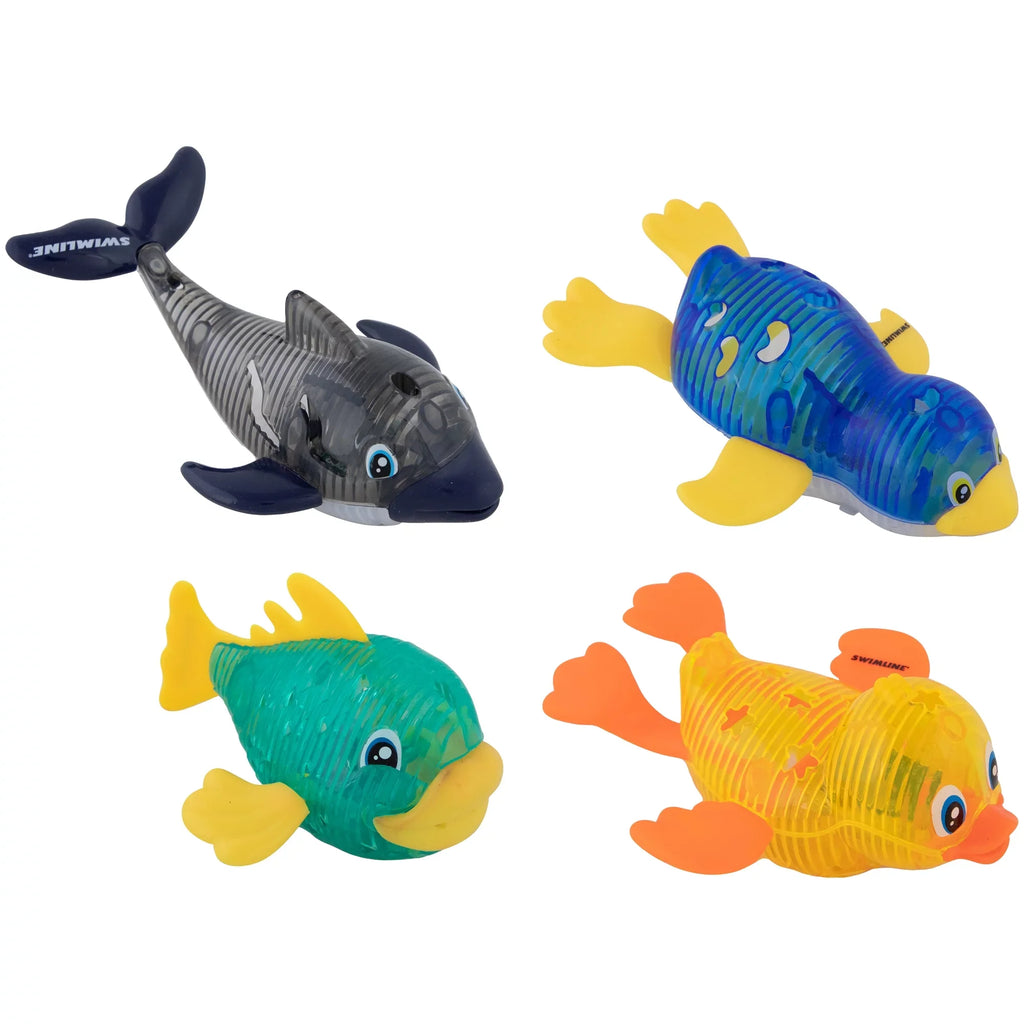 SWIMLINE ORIGINAL 4-Pack Diving Toys LED Light-Up Glowing Sea Animal Fun Pals Catch The Fish Retrieval Game For Swimming Pool & Bath Tub For Kids Multi Color Flashing Fluid Dive Practice Learn