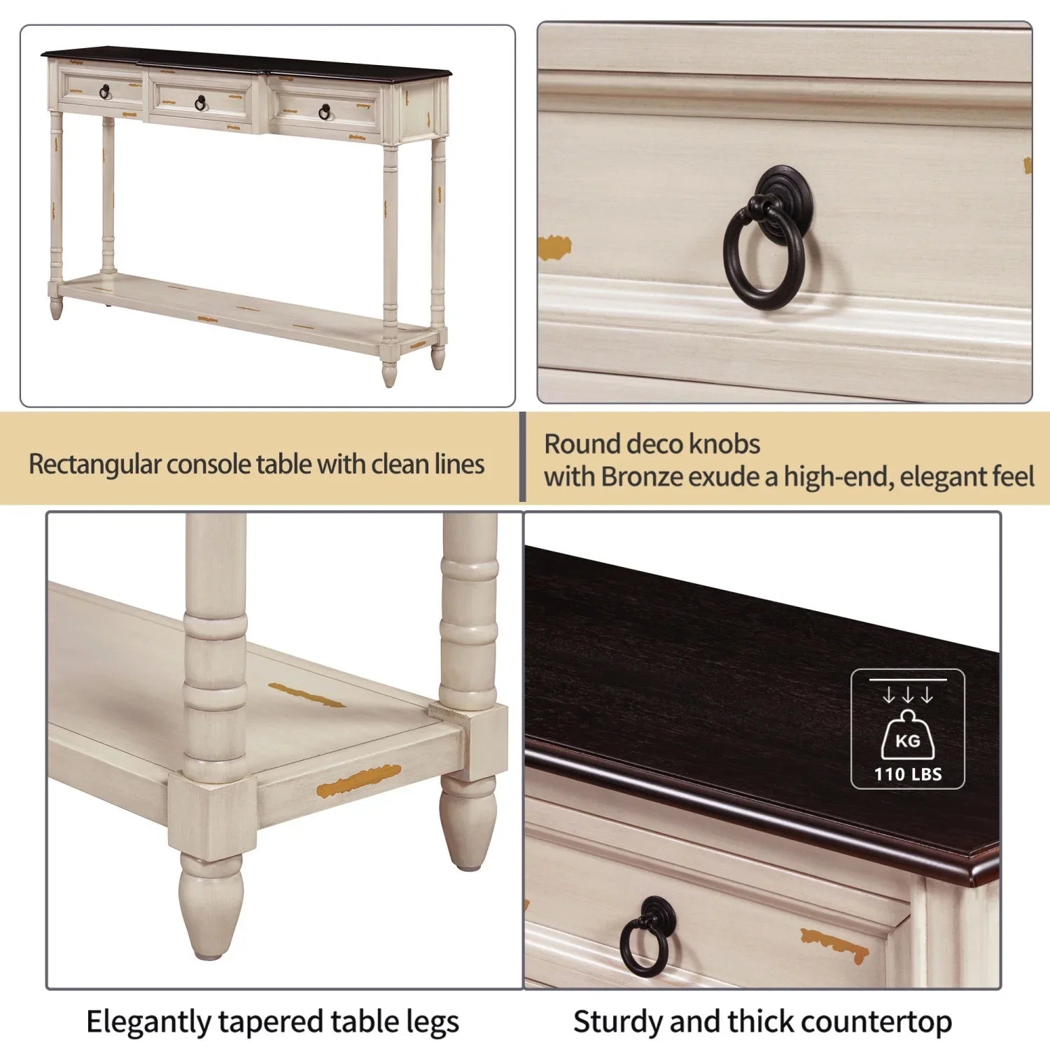 TREXM Console Table Sofa Table with Drawers for Entryway with Projecting Drawers and Long Shelf (Antique White OLD SKU WF189574AAK)