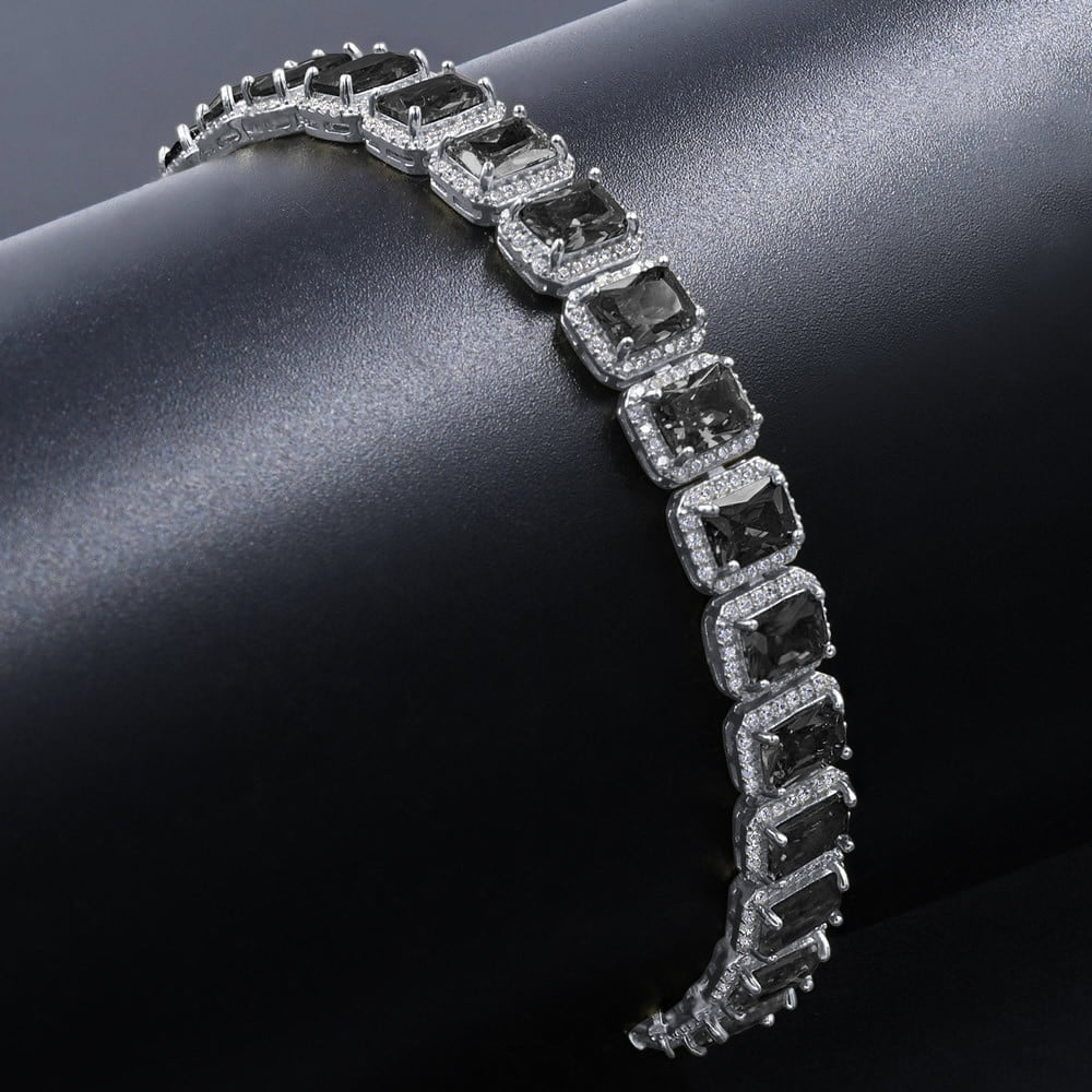 14K White Gold Finish Onyx Black Simulated Diamonds Solitaire Mens Ladies Bracelet 10mm / 8.5 Inch