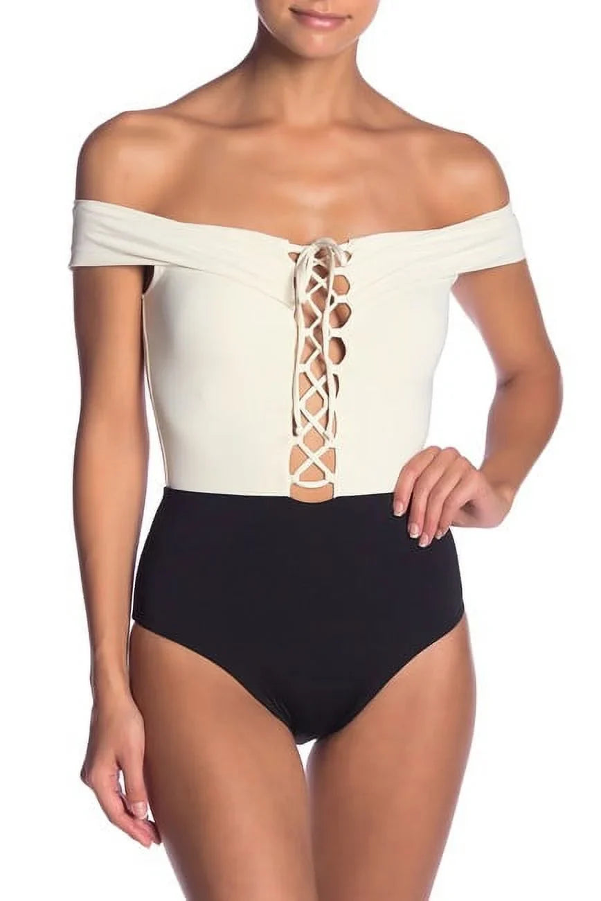 L*Space CREAM/BLACK/CAMEL Off-the-Shoulder One Piece Swimsuit, US 8