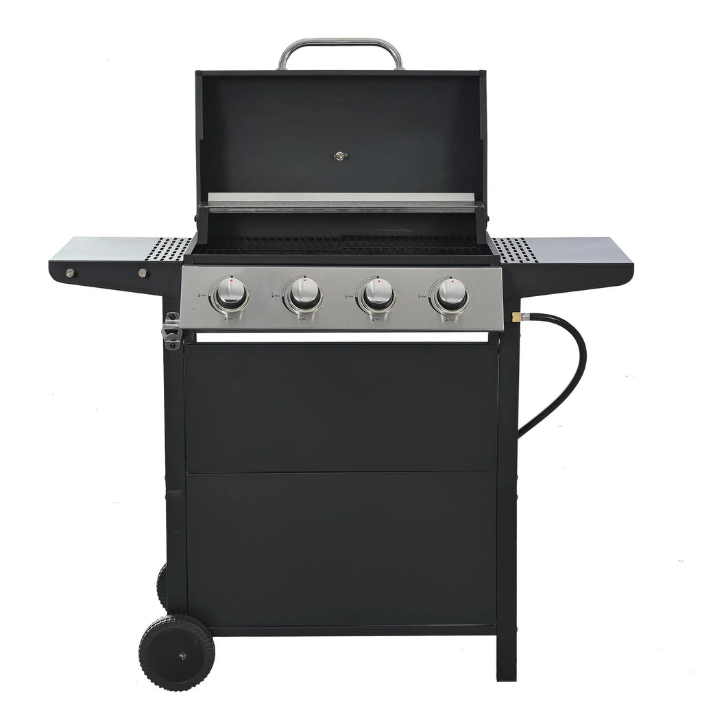 Stainless Steel BBQ Gas Grill 4-Burners Side Burner Thermometer Two Shelves Grilling Space Patio Garden Barbecue - Black