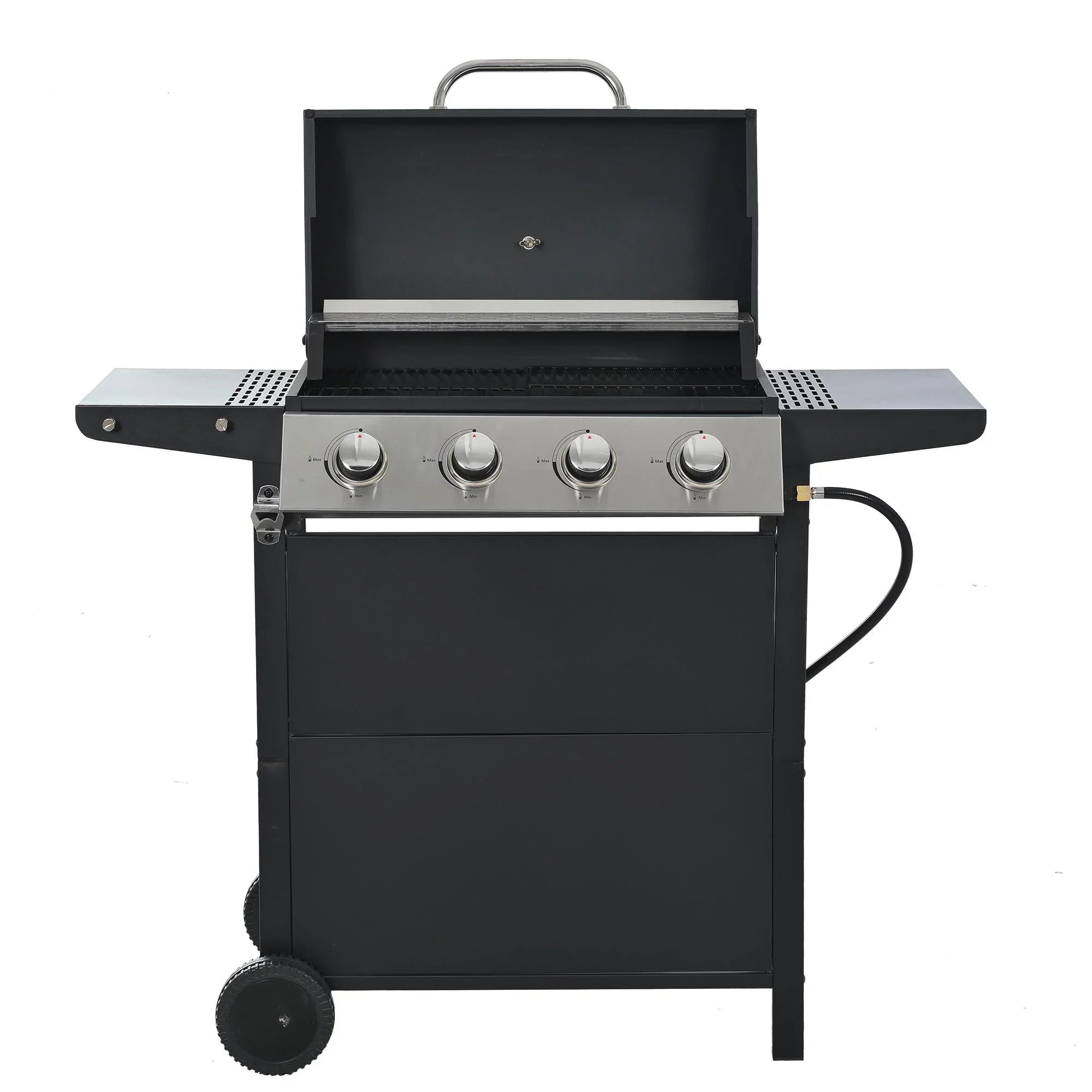 Stainless Steel BBQ Gas Grill 4-Burners Side Burner Thermometer Two Shelves Grilling Space Patio Garden Barbecue - Black