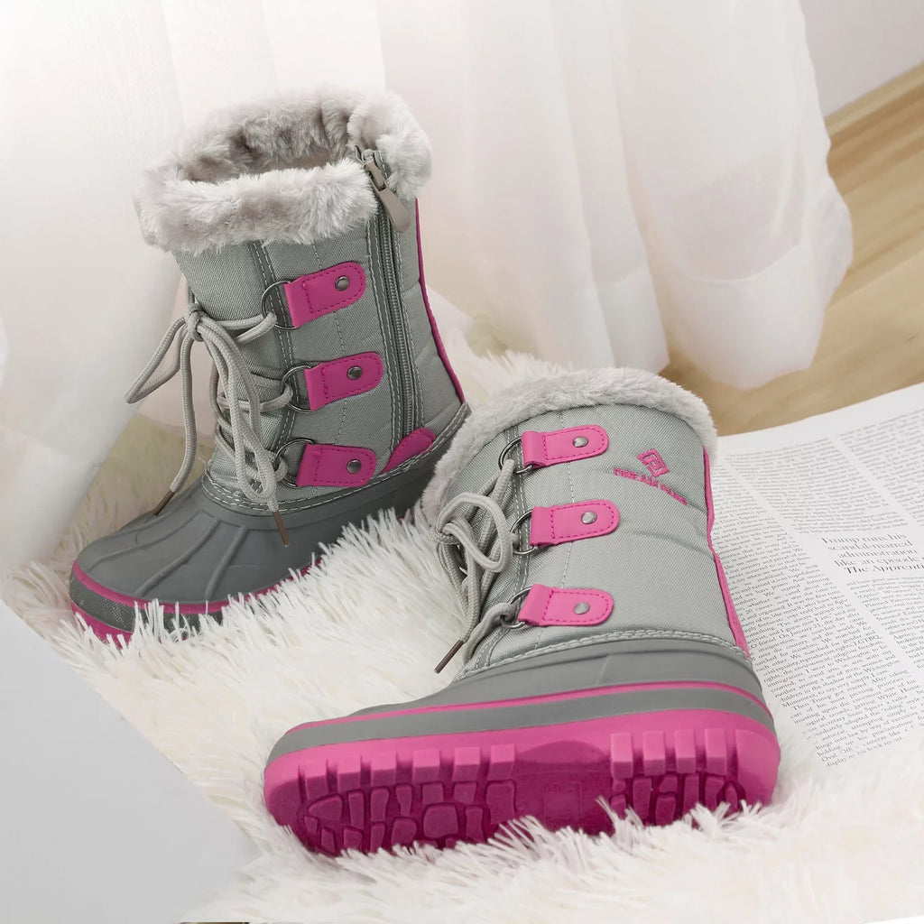 Dream Pairs Boys Girls Toddler Kids Ankle Winter Snow Boots Faux Fur-Lined Soft Boots Shoes Warm FORESTER GREY/FUCHSIA Size 5 Big Kid