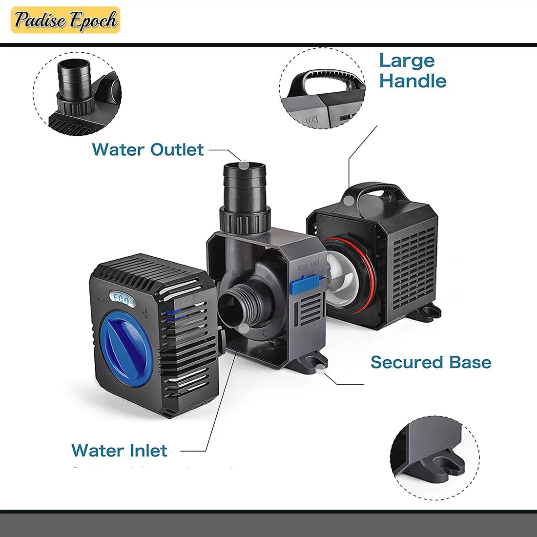 Pond Pump Submersible (800GPH) Adjustable Flow Inline Aquarium Fountain Liquid Koi Fish Salt Fresh Fluid Filter with Set of Outlet Adapter