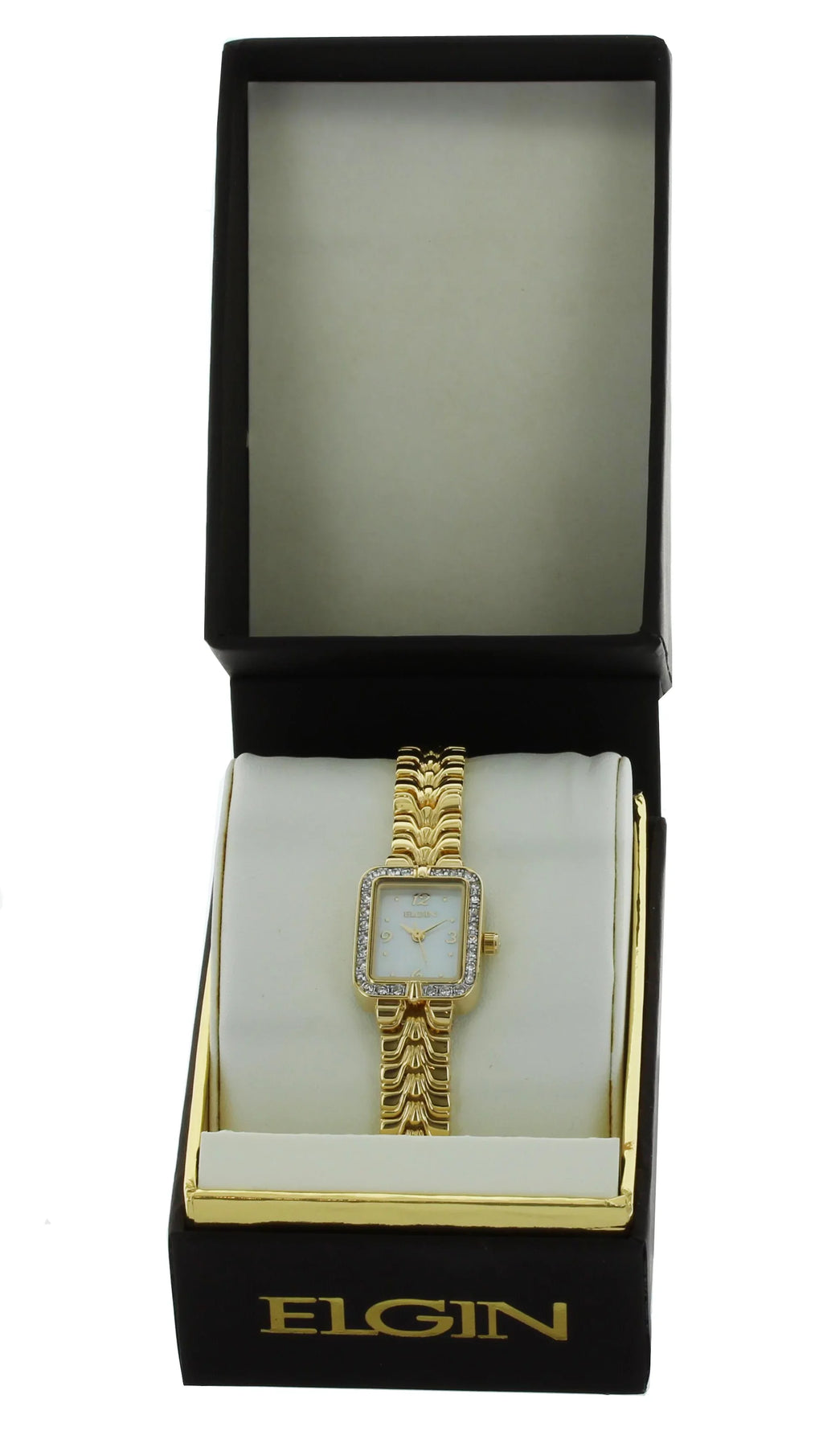 Elgin watch for women small rectangle face gold with stone on Bezel EG9050