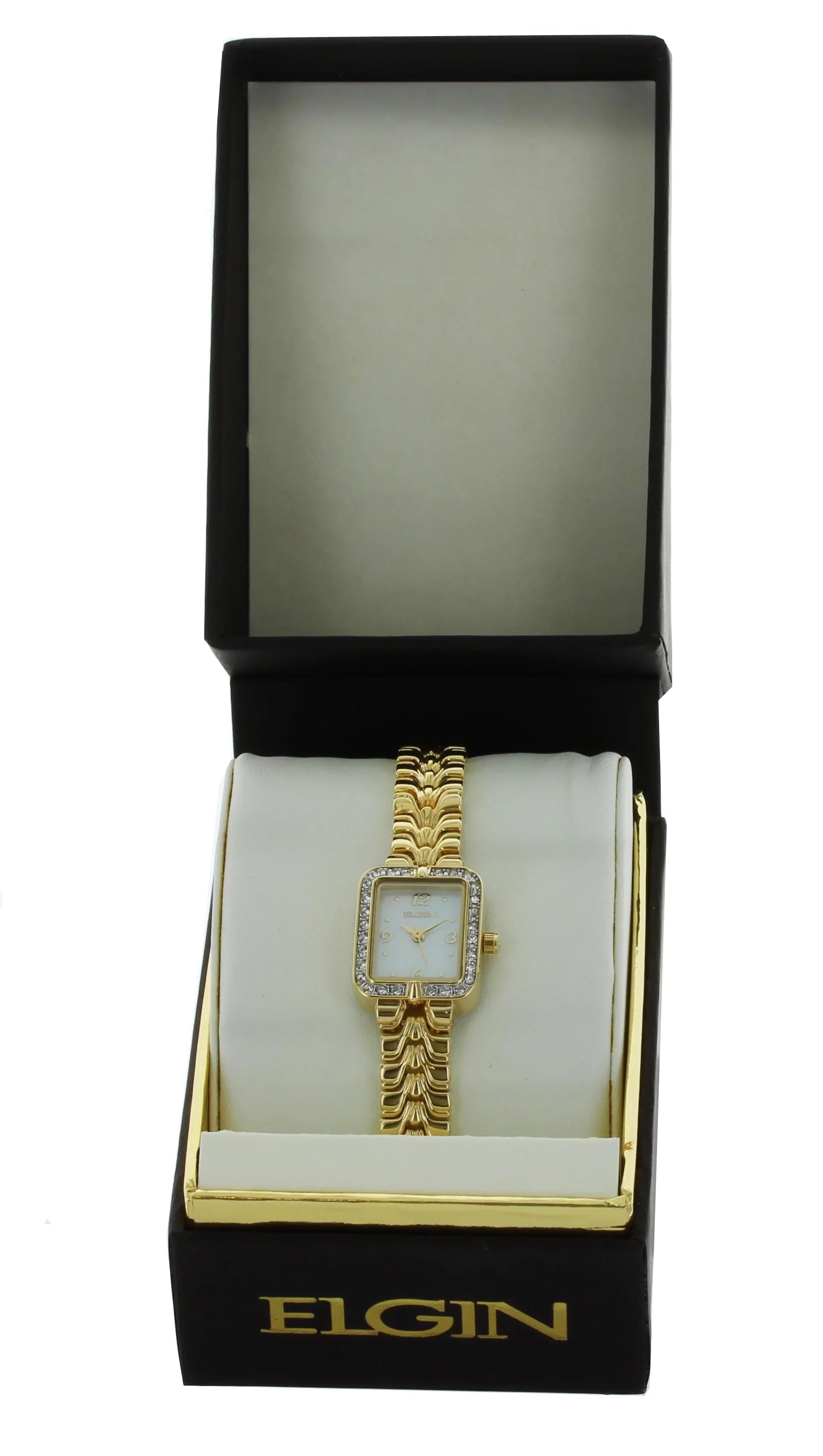 Elgin watch for women small rectangle face gold with stone on Bezel EG9050