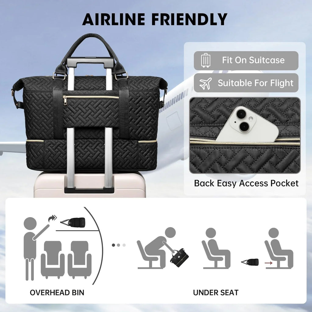 Duffle Bags for women,50L Quilted Travel Weekender Bag with Shoe Compartment, Large Carry On Overnight Tote Gym Bag with Toiletry Bag,Hospital Bags for Labor and Delivery,Black