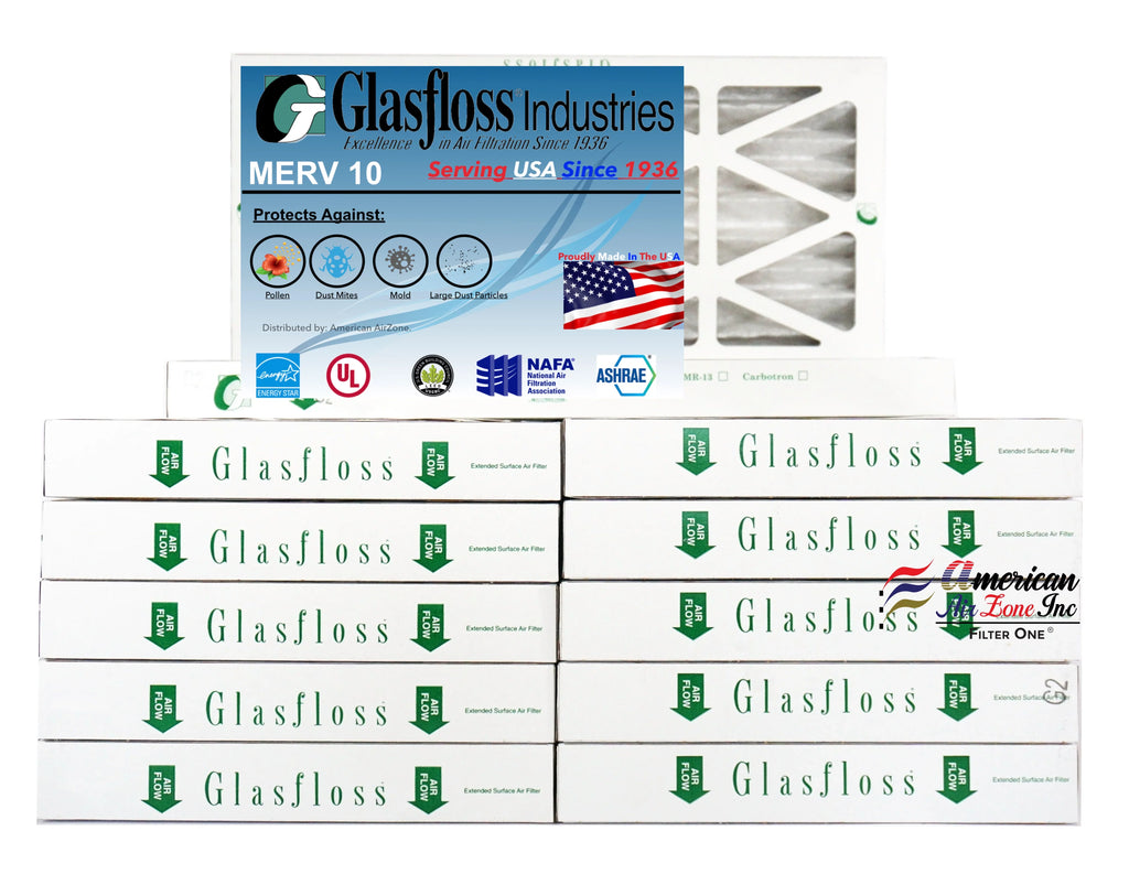 Glasfloss Air Filter 10x25x2 - 2" MERV 10 - (Pack of 12) - Pleated AC or HVAC Air Filter - Furnace Air Filter - Home or Office - Made In The USA.