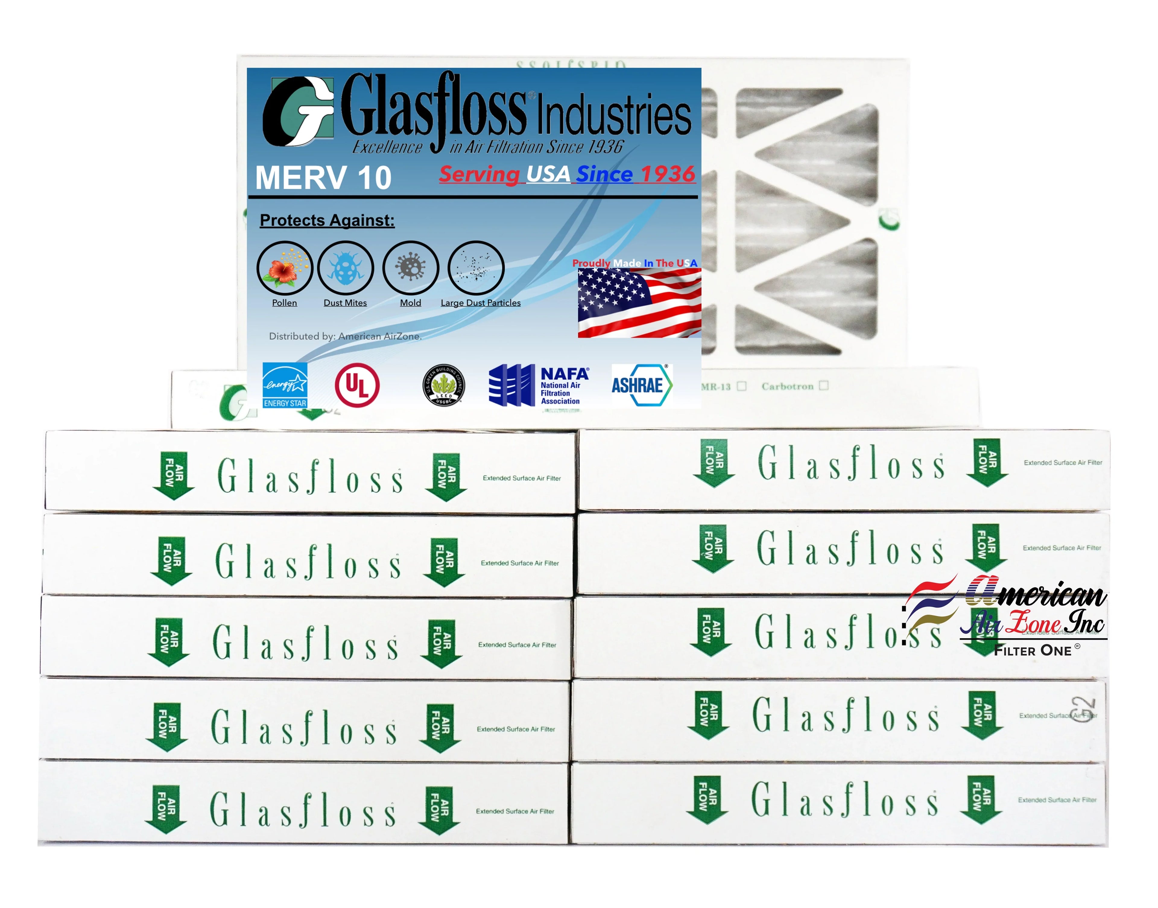 Glasfloss Air Filter 10x25x2 - 2" MERV 10 - (Pack of 12) - Pleated AC or HVAC Air Filter - Furnace Air Filter - Home or Office - Made In The USA.