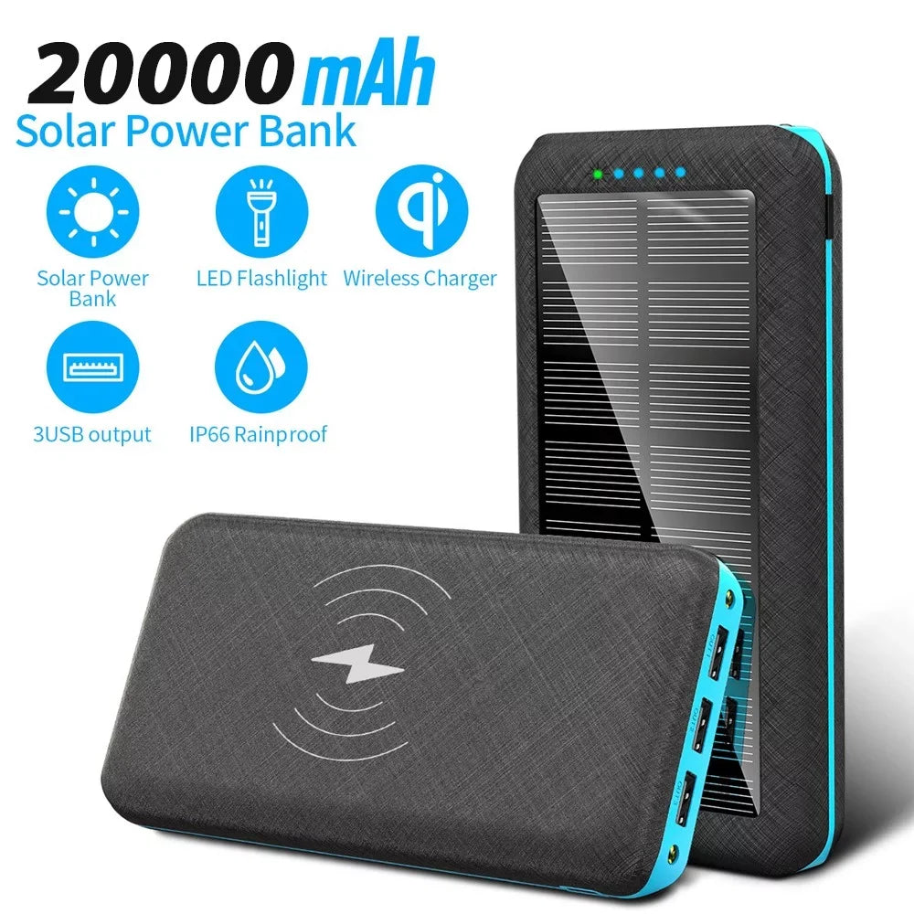 Ponyta Solar Power Bank 20000mAh Portable Charger 3 USB Large Capacity Mobile Power Supply with Dual LED Lights Xmas Decor