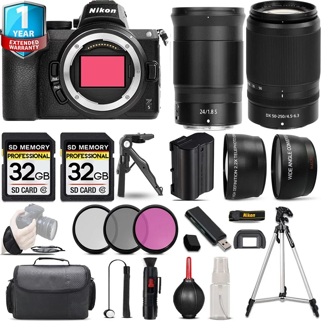 Z5 Mirrorless Camera with 50-250mm f/4.5-6.3 VR Lens + 24mm f/1.8 S Lens + Handbag + 3 PC Filter Set + 64GB