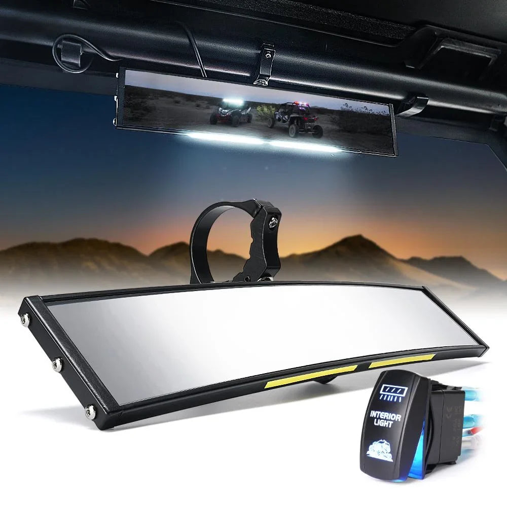 Xprite 13" Curved UTV Rear View Mirror w/ Integrated LED Lights & Switch for 1.75"-2" Rollbars