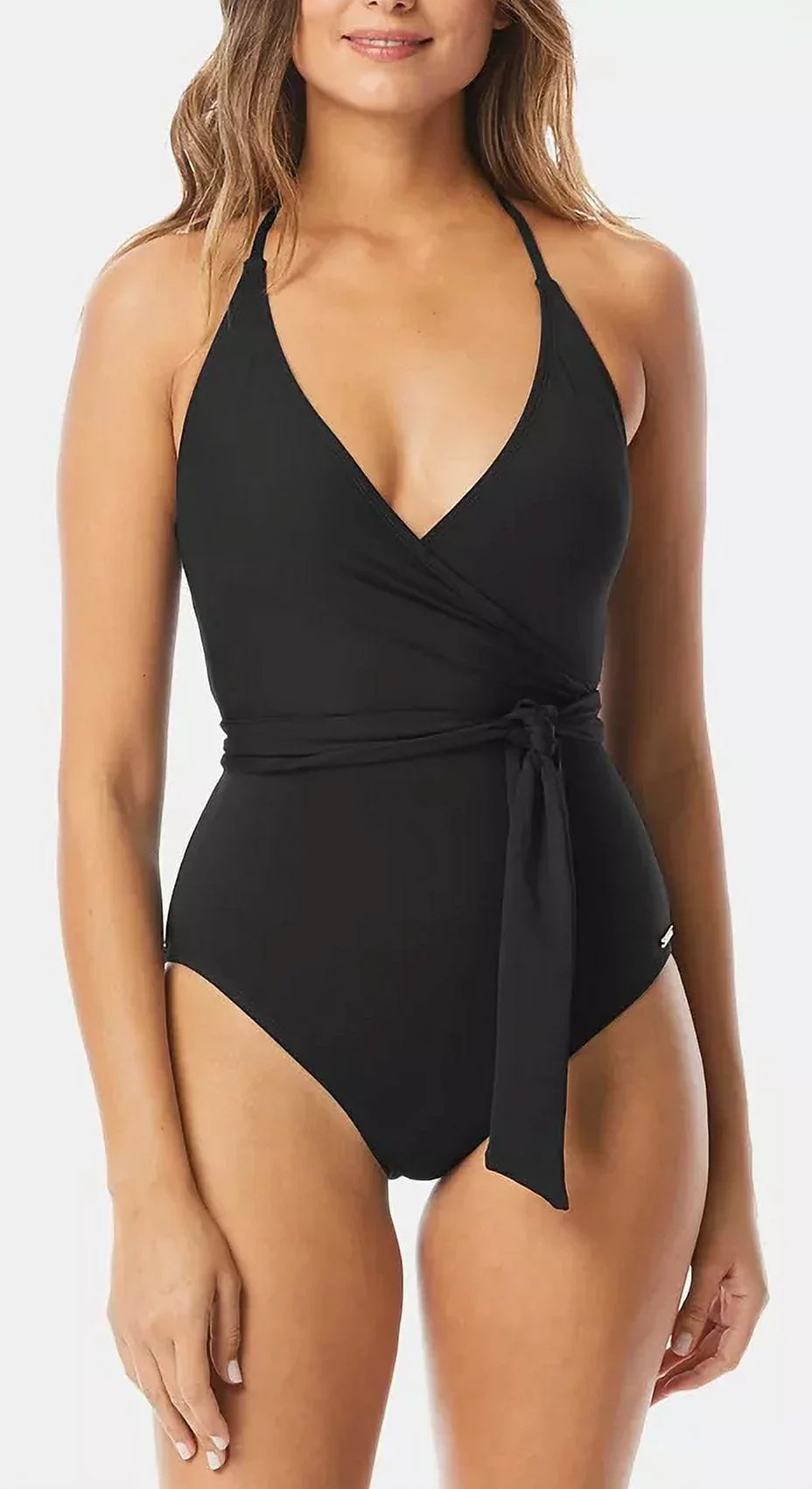 Vince Camuto Women's V Neck Wrap Tie One Piece Swimsuit Black Size 14