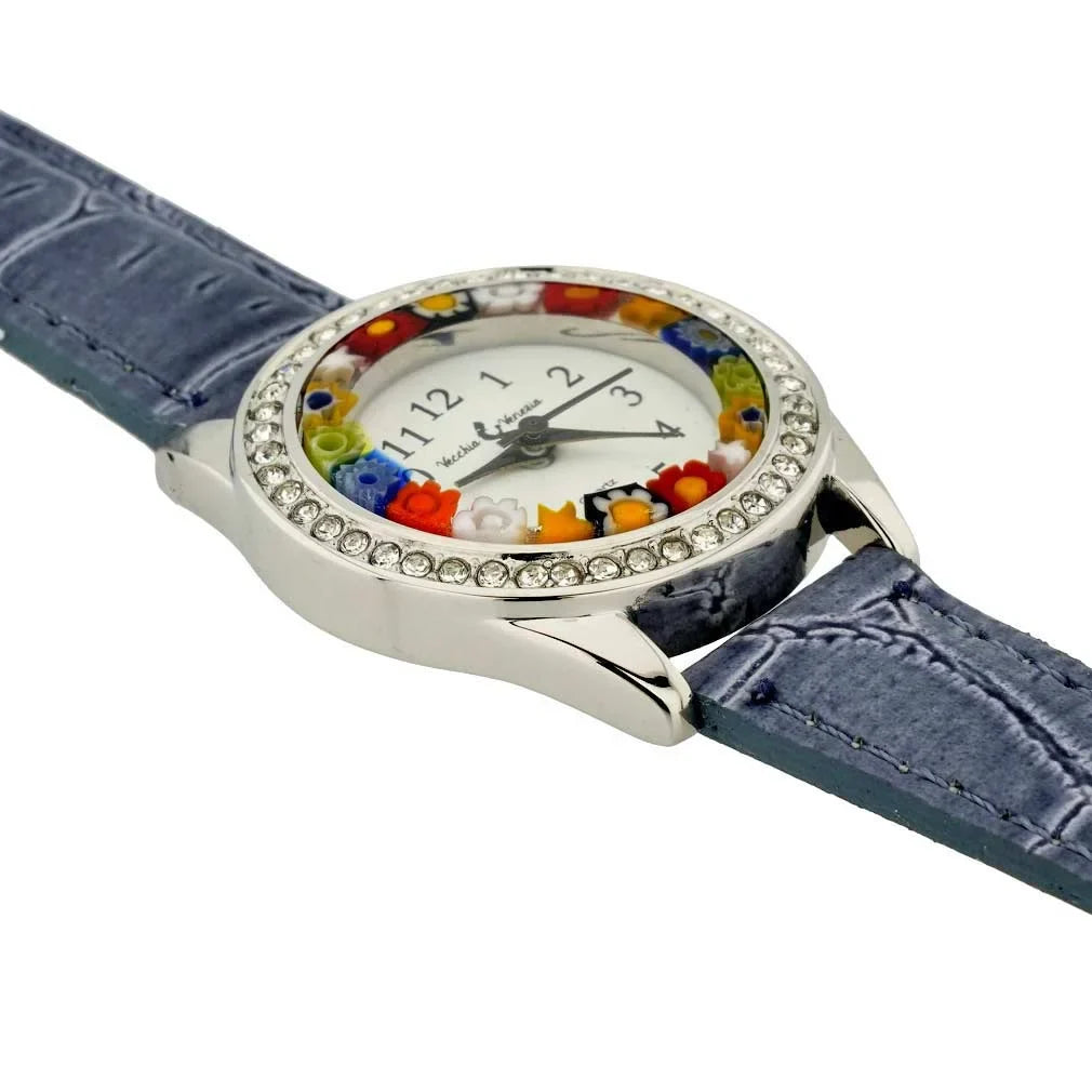 GlassOfVenice Murano Glass Watch Millefiori And Crystals With Leather Band - Light Blue