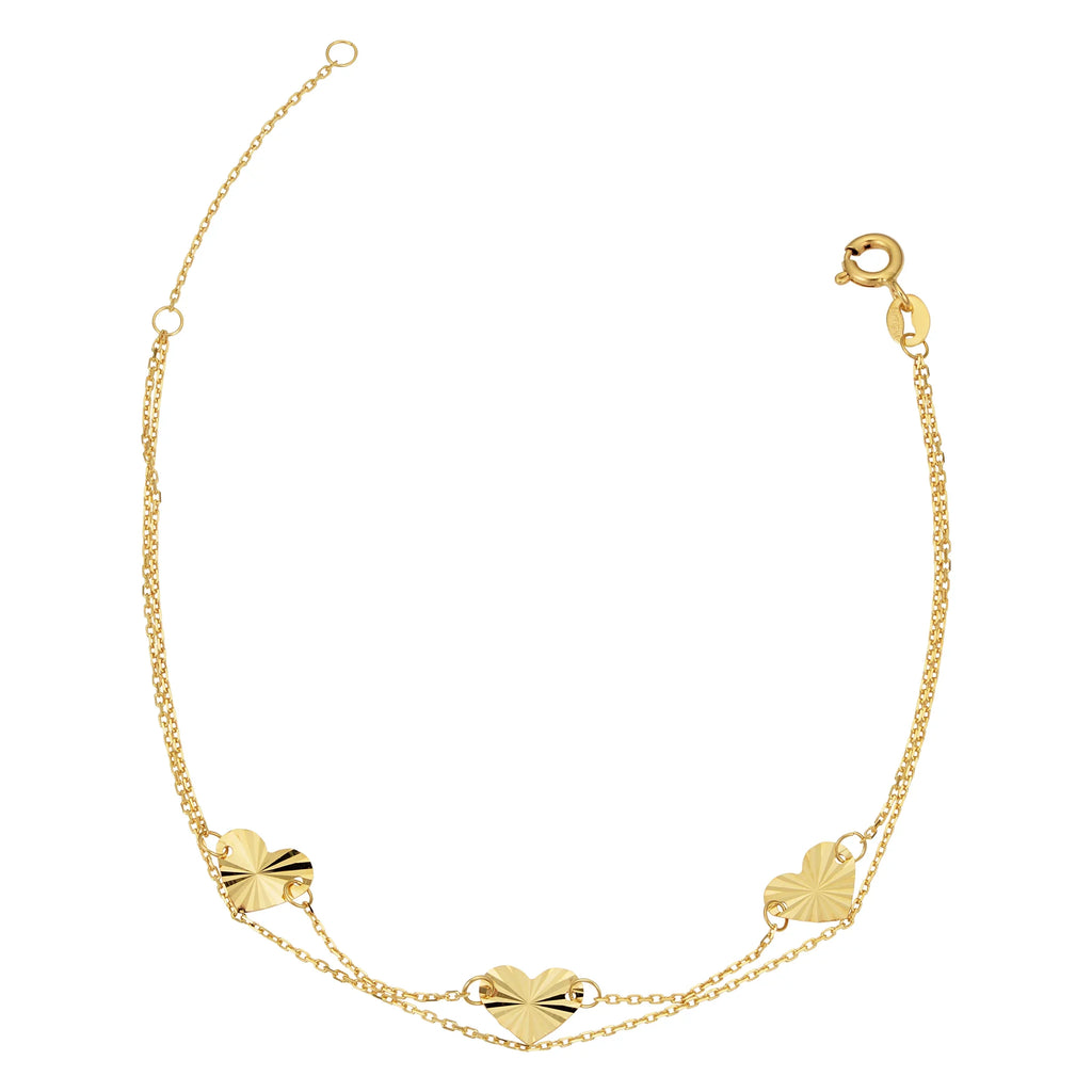 Kooljewelry 14k Yellow Gold Double Strand Diamond-Cut Heart Bracelet (adjusts to 6.5 or 7.5 inch)