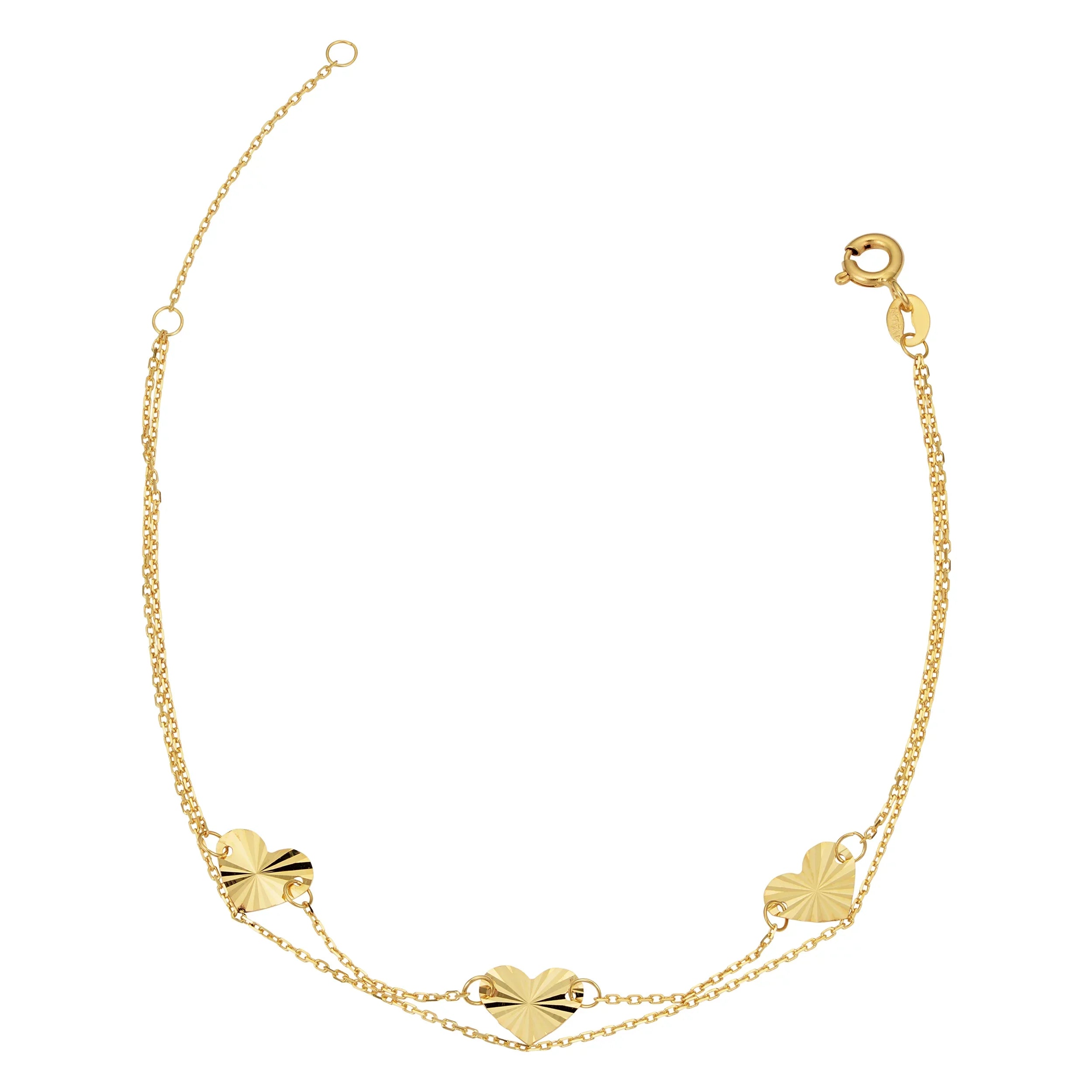 Kooljewelry 14k Yellow Gold Double Strand Diamond-Cut Heart Bracelet (adjusts to 6.5 or 7.5 inch)