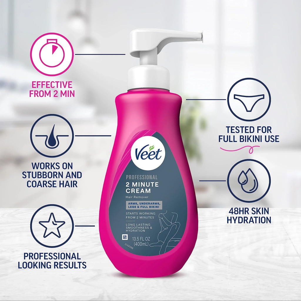 Veet Professional 2 Minute Hair Removal Cream For All Skin Types With Shea Butter | Effective Full Bikini Hair Removal, Pubic Hair Removal Gel | Dermatologically Tested | 13.5 Fl Oz Bottle W/Spatula.