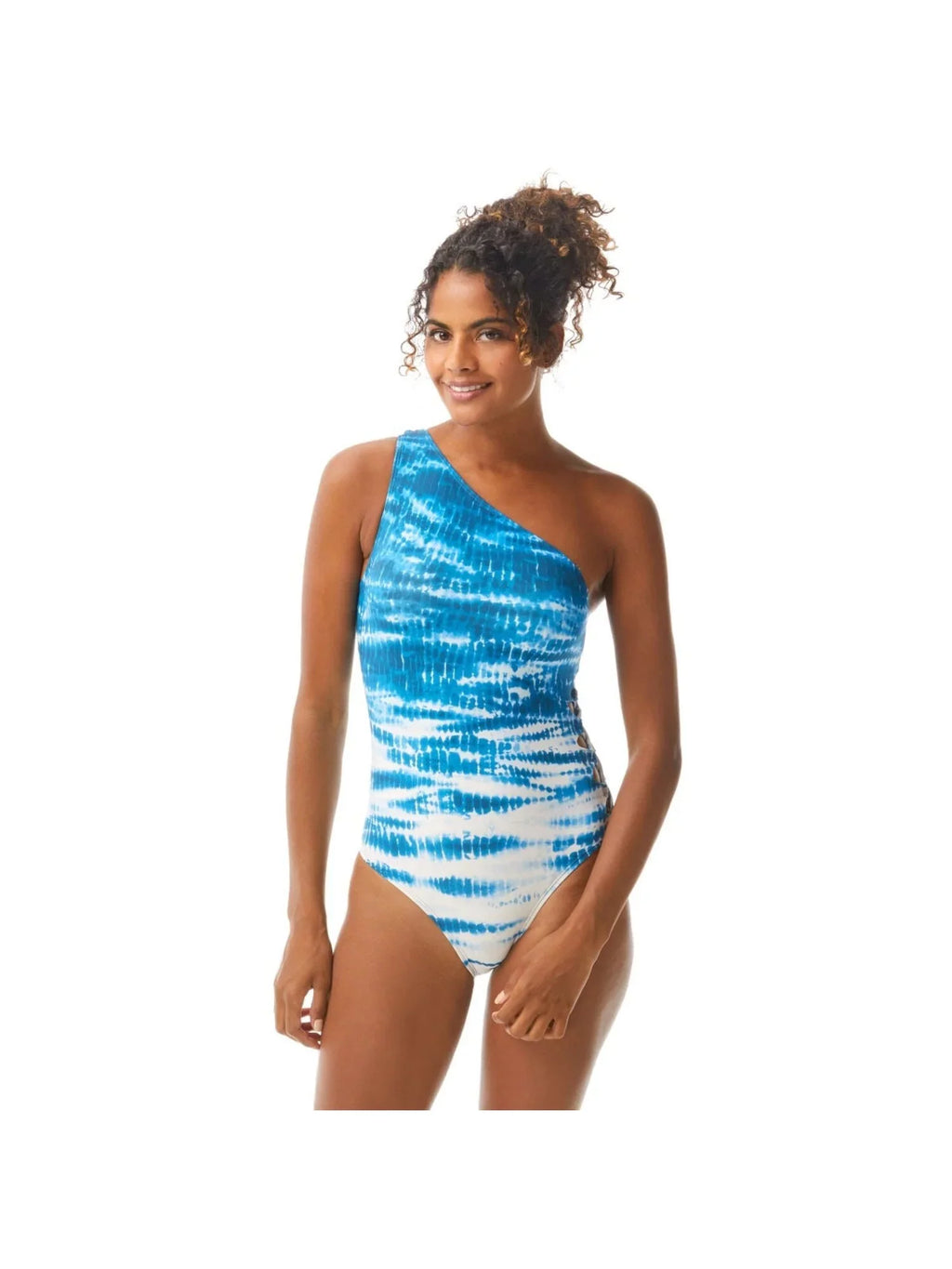 VINCE CAMUTO SWIM Women's Blue Tie Dye Stretch Lined Strappy-Side Moderate Coverage Cutout One Shoulder One Piece Swimsuit 10