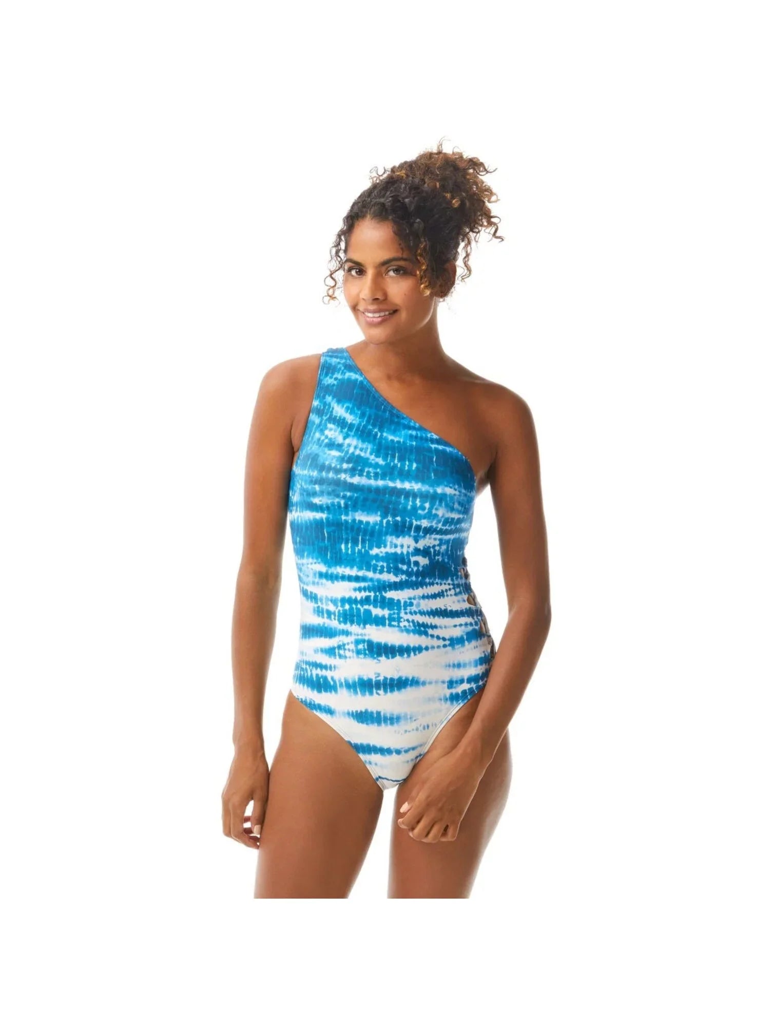 VINCE CAMUTO SWIM Women's Blue Tie Dye Stretch Lined Strappy-Side Moderate Coverage Cutout One Shoulder One Piece Swimsuit 10