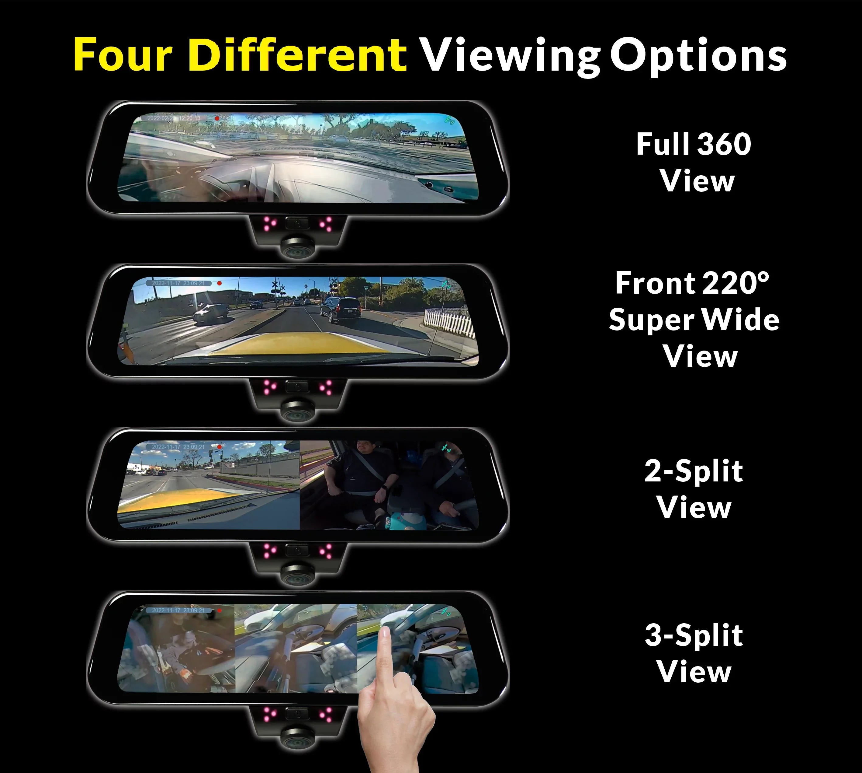 RYDEEN 360 View Surround View 4K Dash Camera 10-inch Monitor Frameless Rearview Mirror with TFT Monitor w/ Auto Brightness Day/Night, DIY Install, Backup Video-in