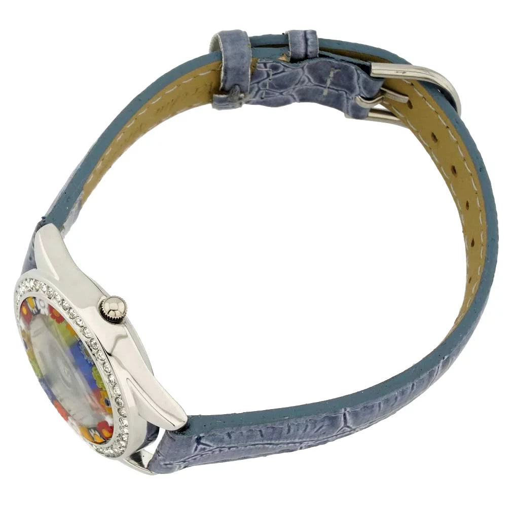 GlassOfVenice Murano Glass Watch Millefiori And Crystals With Leather Band - Light Blue