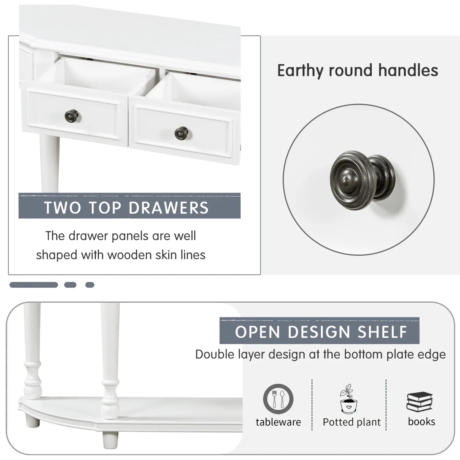 TREXM Retro Circular Curved Design Console Table with Open Style Shelf Solid Wooden Frame and Legs Two Top Drawers (White OLD SKU WF298768AAK)