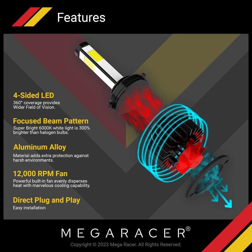 Mega Racer GMC Yukon 4 Sided H11 H9 H8 LED Headlight Bulbs 6000K Diamond White 12V 60W 10000LM GMC Yukon 2015 2016 2017 2018 2019 15 16 17 18 19 Low Beam Automotive Replacement