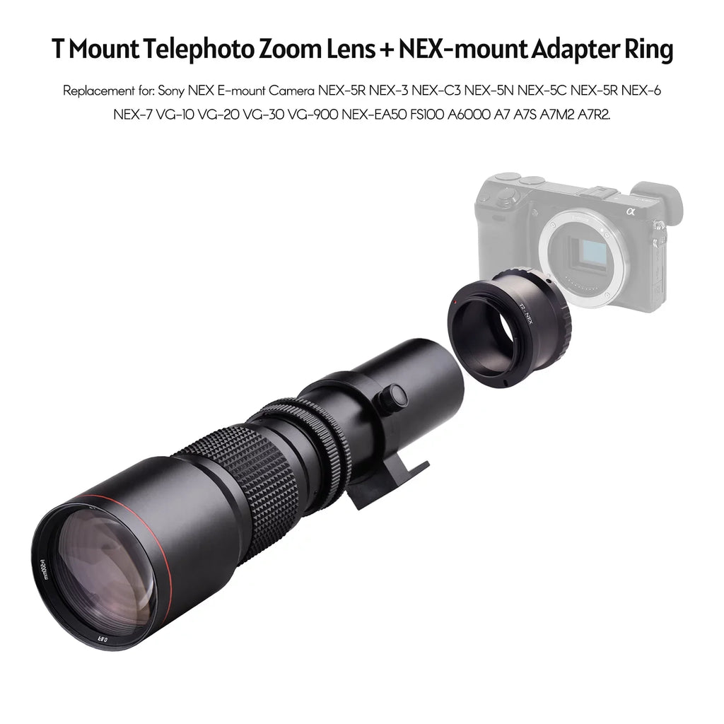 Aibecy 500mm F/8.0-32 Multi Coated Super Telephoto Lens Manual Zoom + T-Mount to NEX E-Mount Adapter Ring Kit Replacement for A9 A7 A7R A7S A5000 A6000 A6500 NEX-7 NEX-5 NEX-6 Cameras