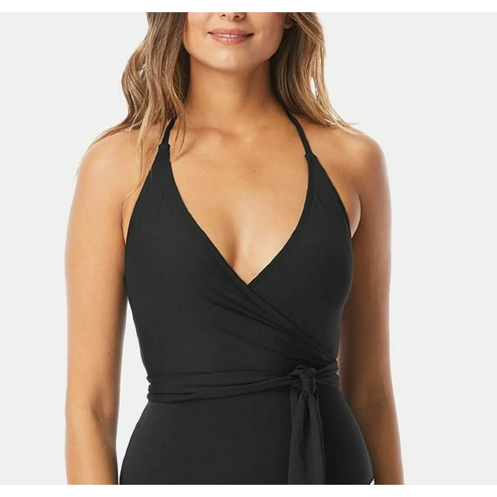 Vince Camuto Women's V Neck Wrap Tie One Piece Swimsuit Black Size 14